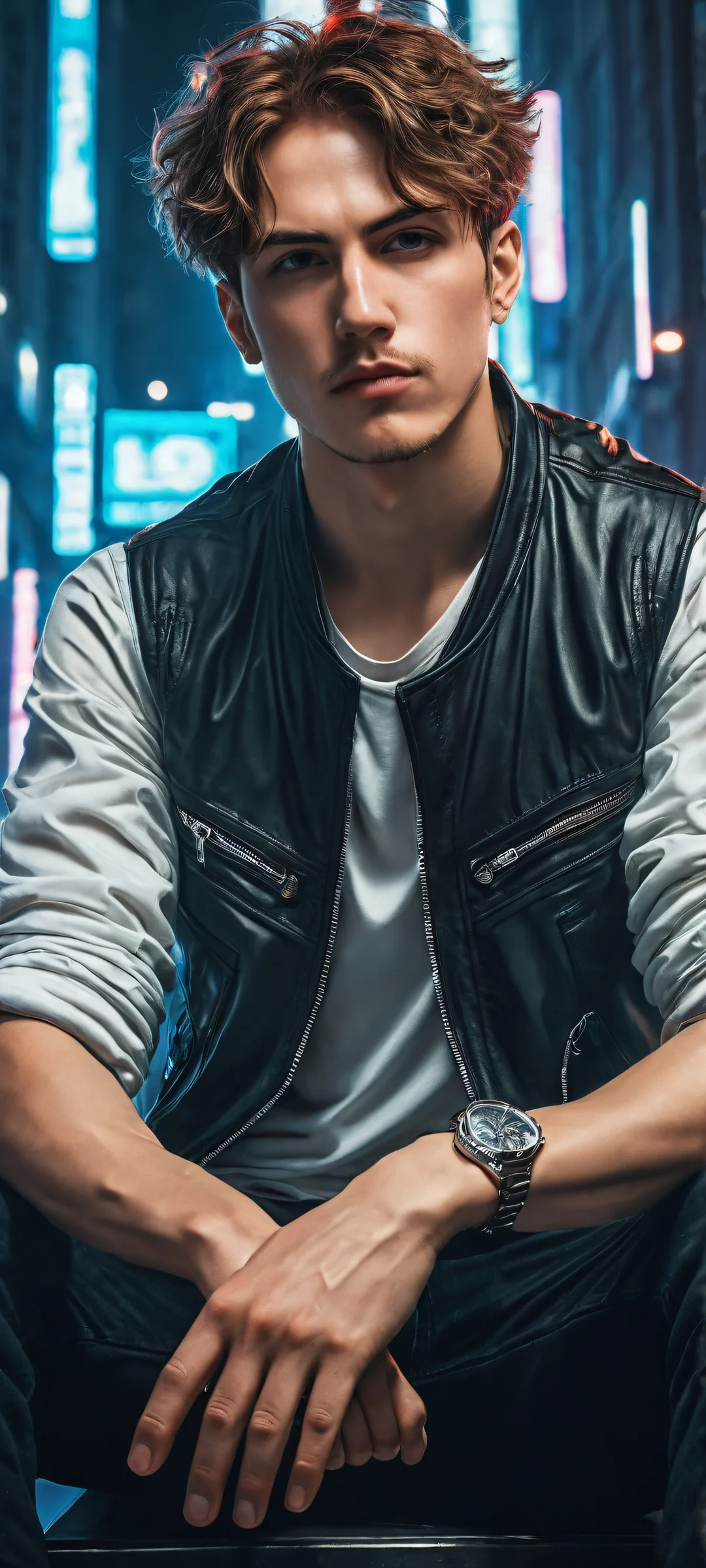 Leon McNichol surrounded by anime boys in a cyberpunk setting, perfectly clean and empty top half for UI widgets to breathe freely. Ideal for iPhone/Android home screens.