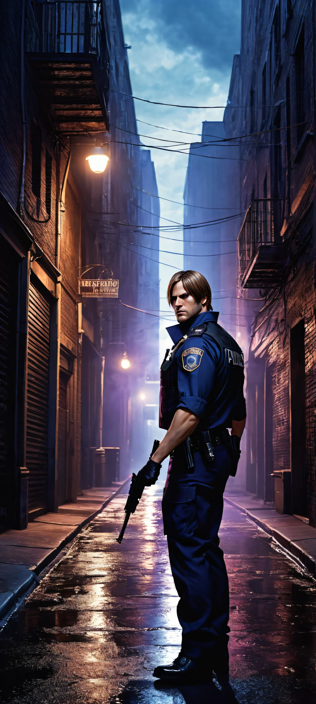 A dramatic vertical portrait of Leon Kennedy from the Raccoon City Police Department (RPD) standing in a dimly lit alleyway with eerie atmosphere, perfect for iPhone/Android home screens.
