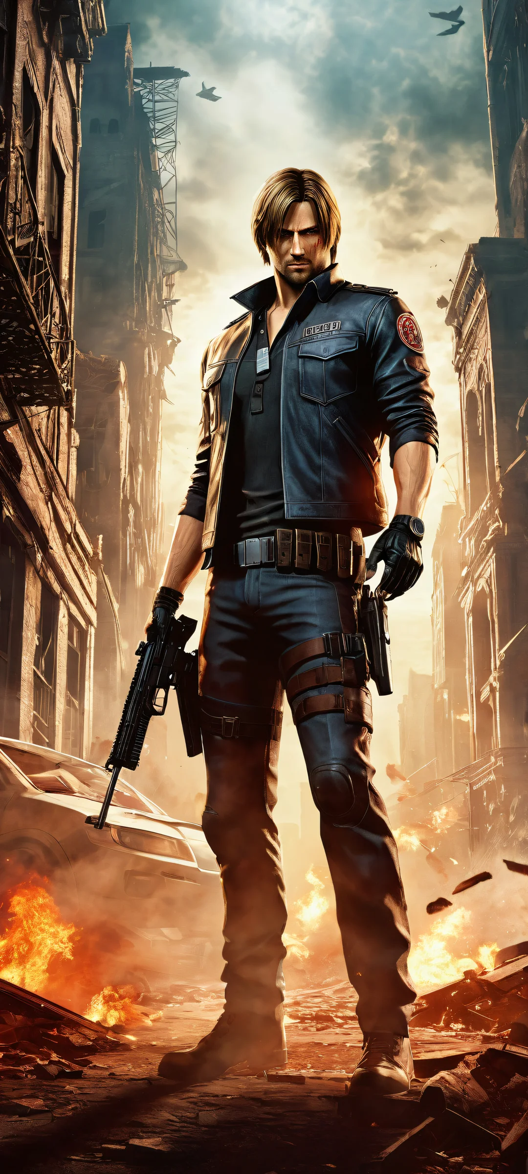 Leon's Raccoon City Descent QHD Smartphone Background iPhone/Android wallpaper of Leon Kennedy from Resident Evil in ruins of Raccoon City, featuring detailed RE attire and revolver.