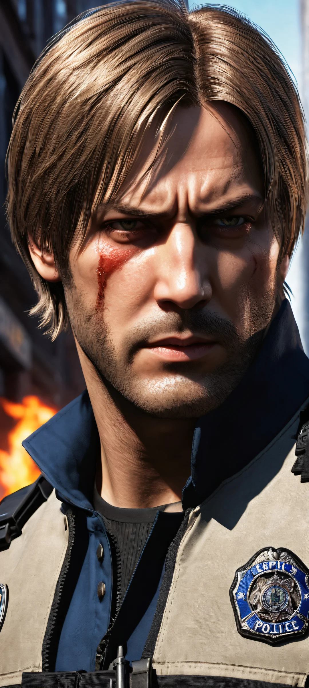 Leon Kennedy stands strong against the dark backdrop of Raccoon City. iPhone/Android users will love this striking portrait wallpaper, perfectly optimized for their home screens.