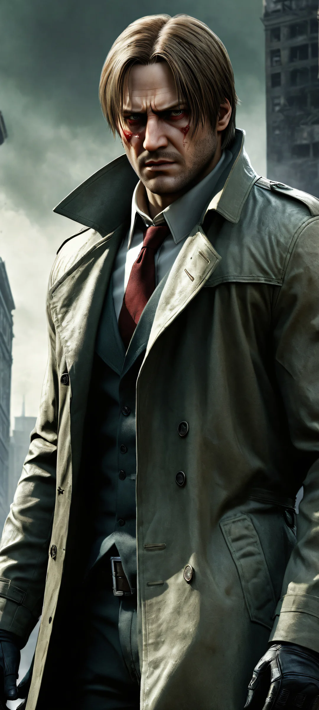 iPhone/Android compatible image of Leon Kennedy from Resident Evil set against the backdrop of Raccoon City ruins, featuring detailed textures and lighting.