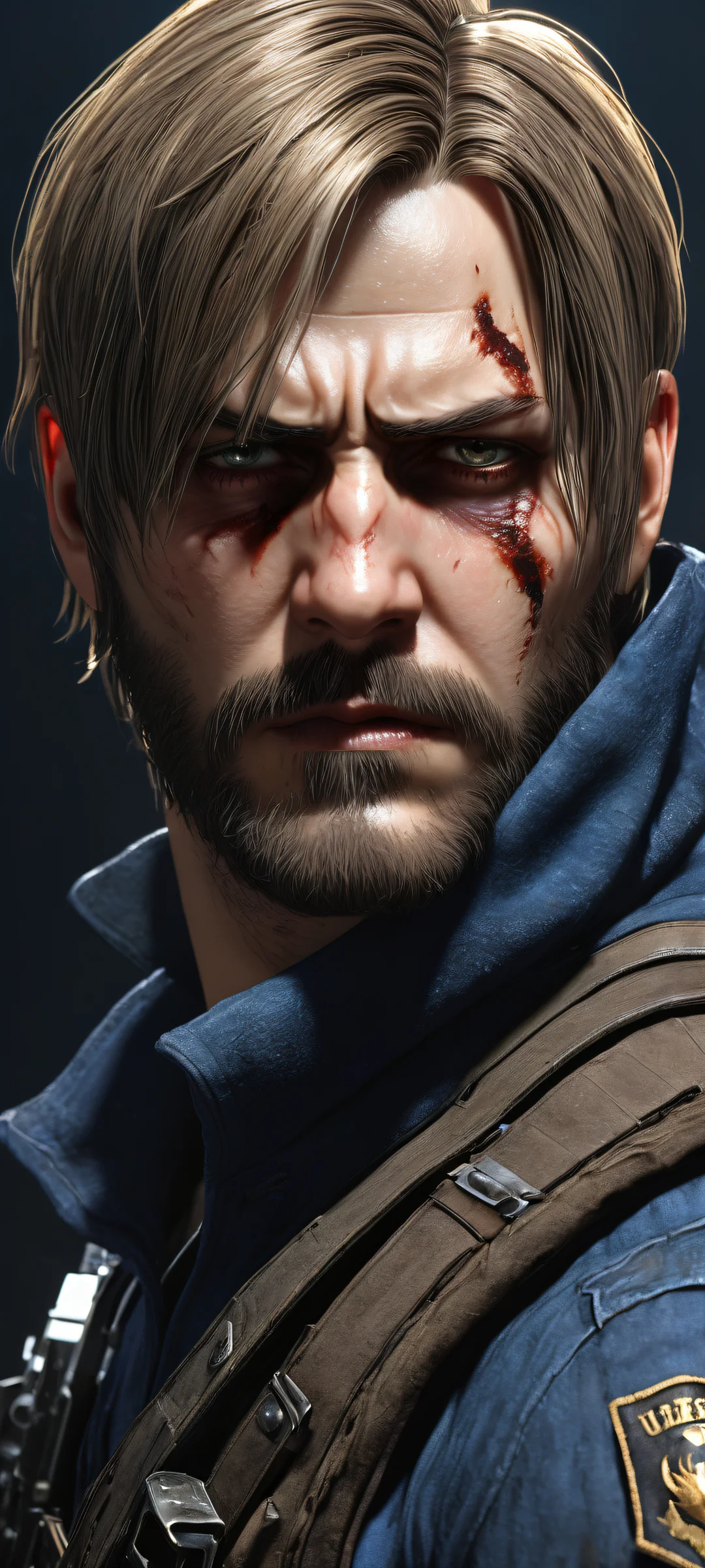 Intense portrait of Leon Kennedy from the survival-horror series. Perfectly optimized for iPhone/Android home screens, with insane micro-details and ethereal lighting.