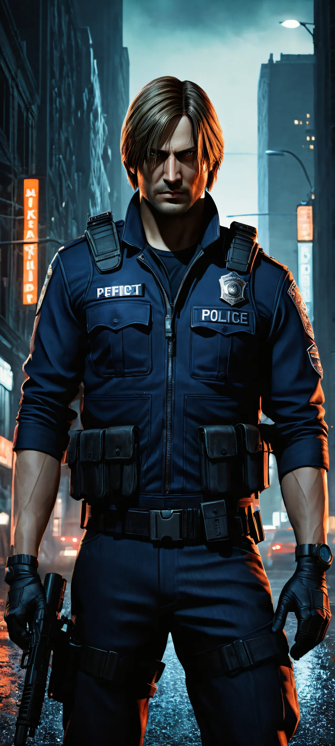 Leon Kennedy in his Raccoon City Police Department uniform, standing out against a dark and gritty cityscape on an iPhone/Android phone.