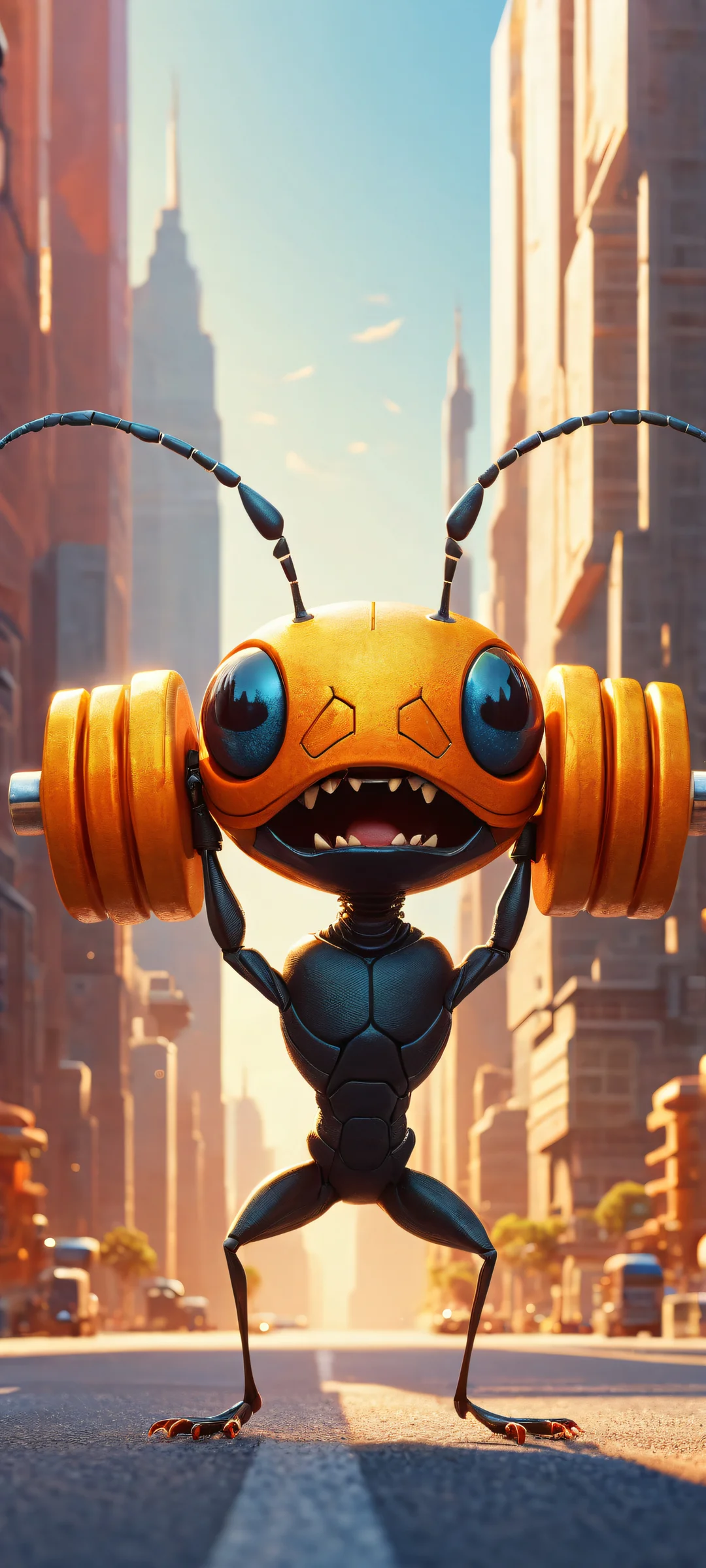 An enthusiastic ant lifting a tiny dumbbell on a futuristic cityscape or abstract landscape background with vibrant orange, yellow, and blue colors. Perfectly optimized for iPhone, Samsung Galaxy, and Android home screens.