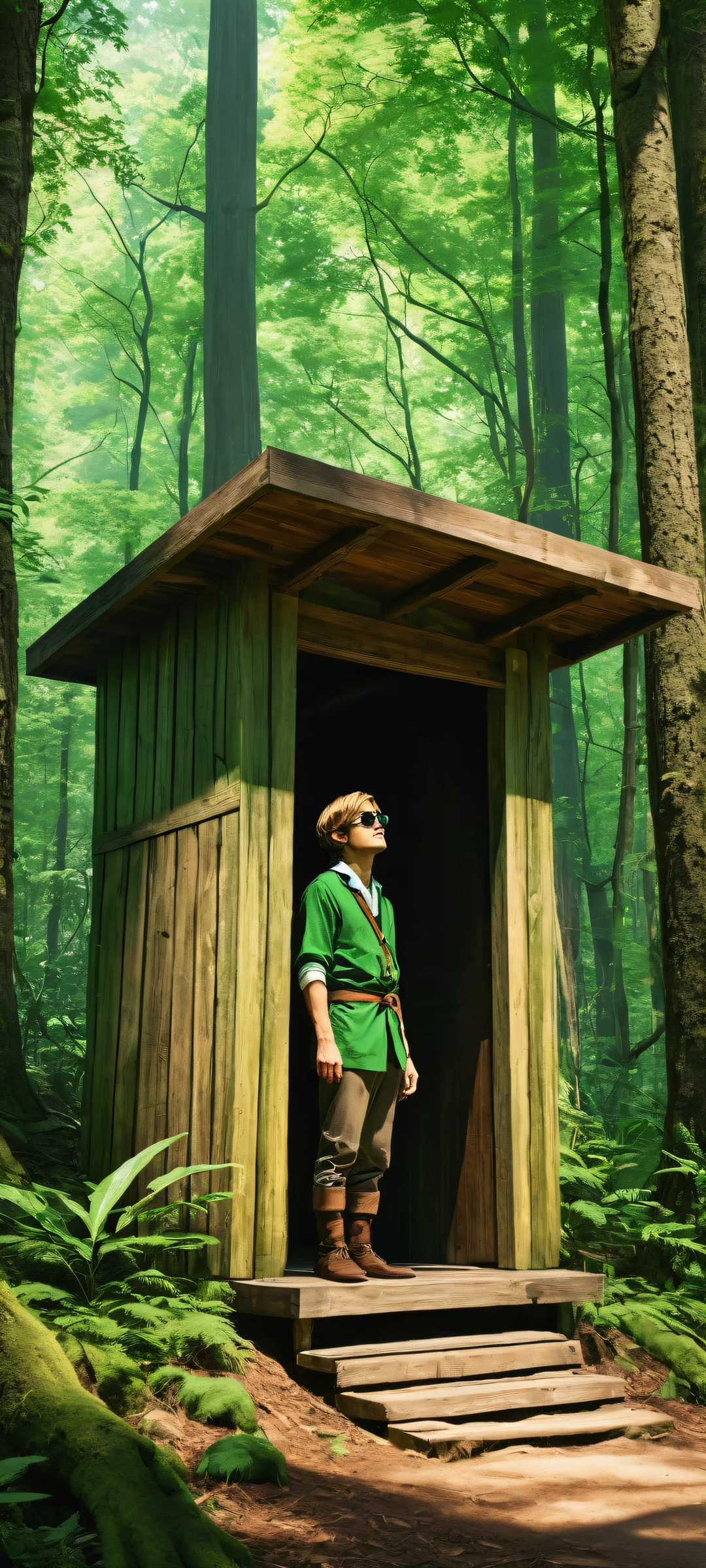 A digital artwork featuring Link standing at a wooden kiosk in the Lost Woods, wearing sunglasses and a pinstripe suit. Perfekt für iPhone-/Android-Startbildschirme.