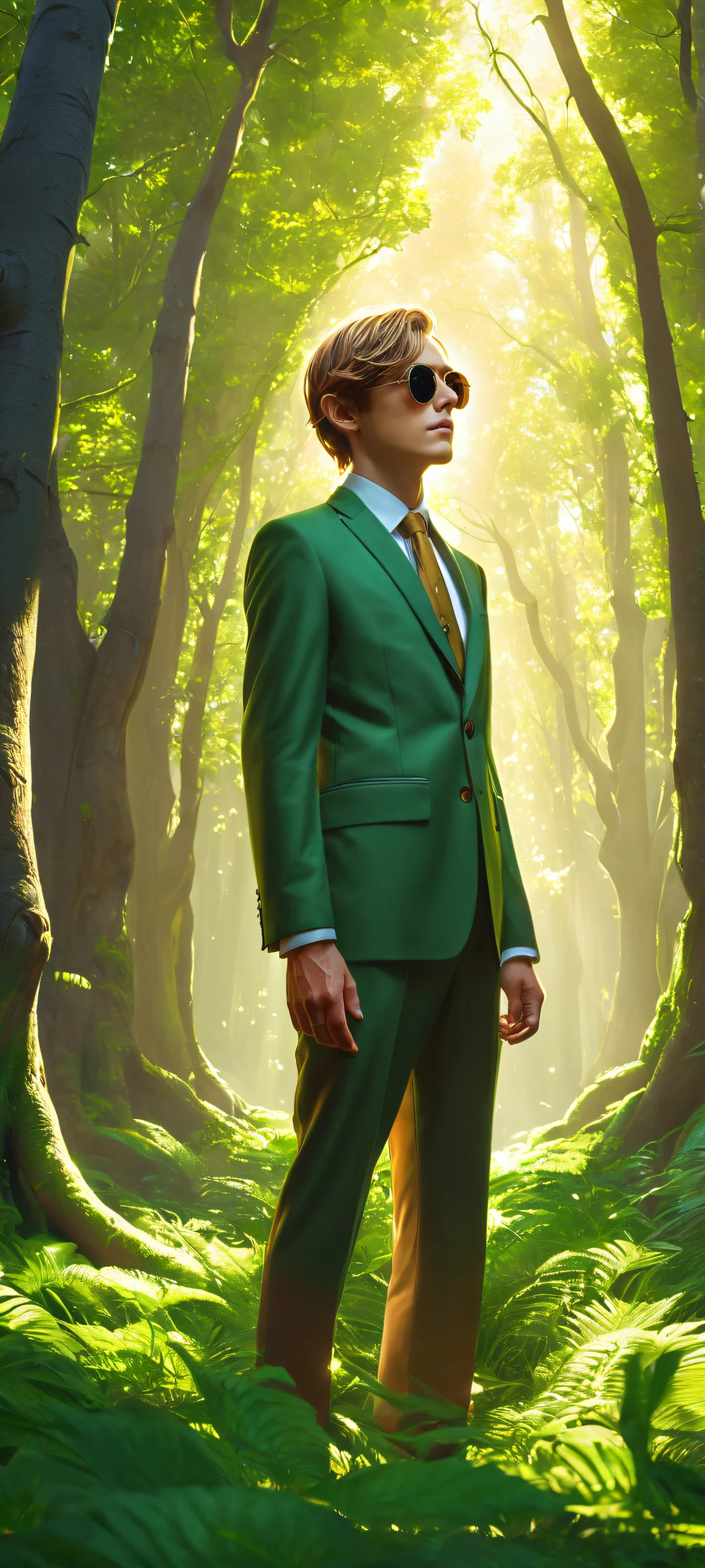 iPhone/Android wallpaper featuring Link in sunglasses and pinstripe suit, surrounded by mystical forest with Skull Kids peeking from behind trees.