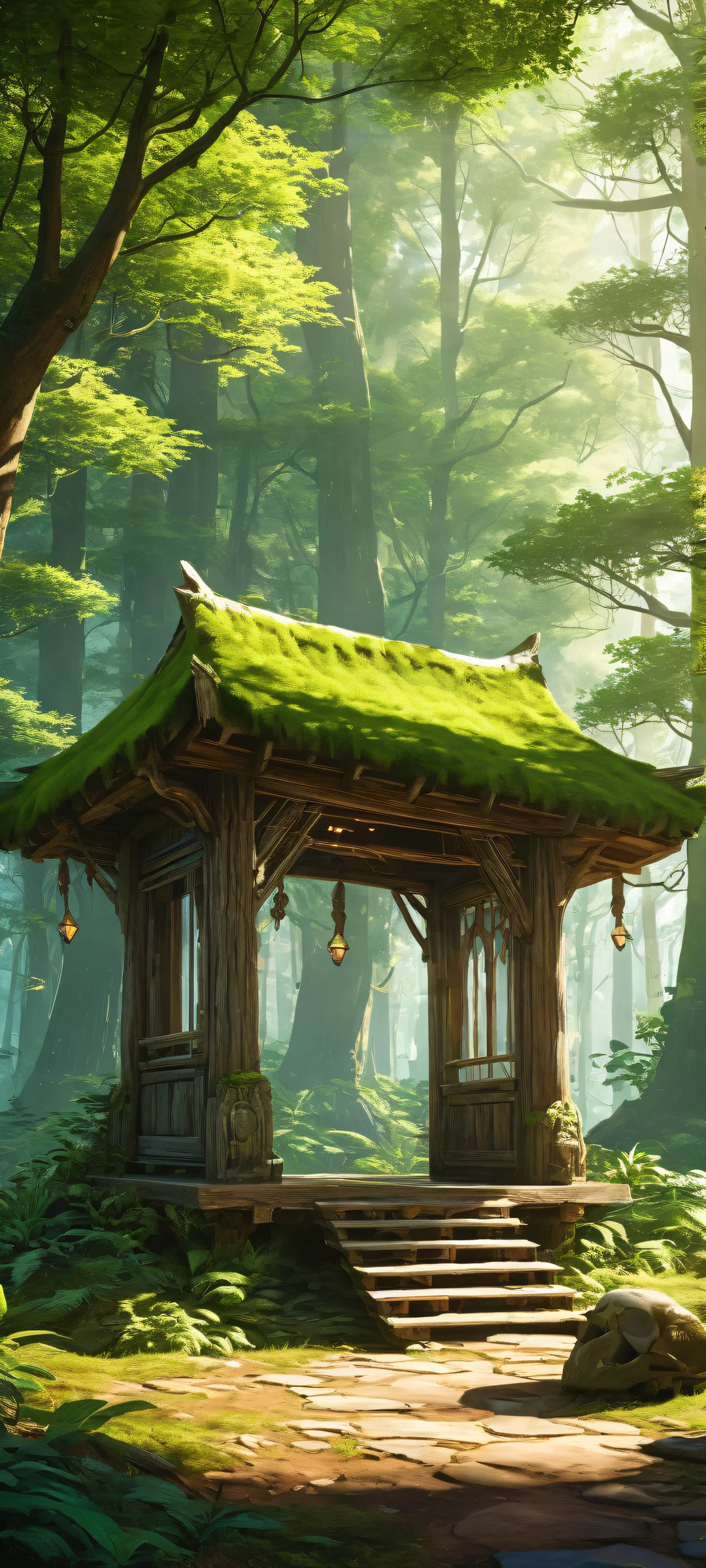 iPhone/Android screenshot of Link standing at a wooden kiosk in the mystical forest, with tiny Skull Kids peeking from behind trees and brilliant green hues casting dramatic shadows.