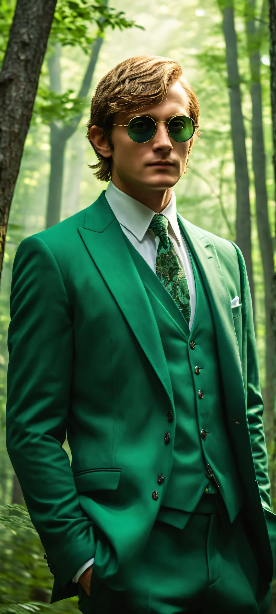 iPhone/Android wallpaper of Link in the Lost Woods, wearing sunglasses and a pinstripe suit, surrounded by mystical forest canopy.