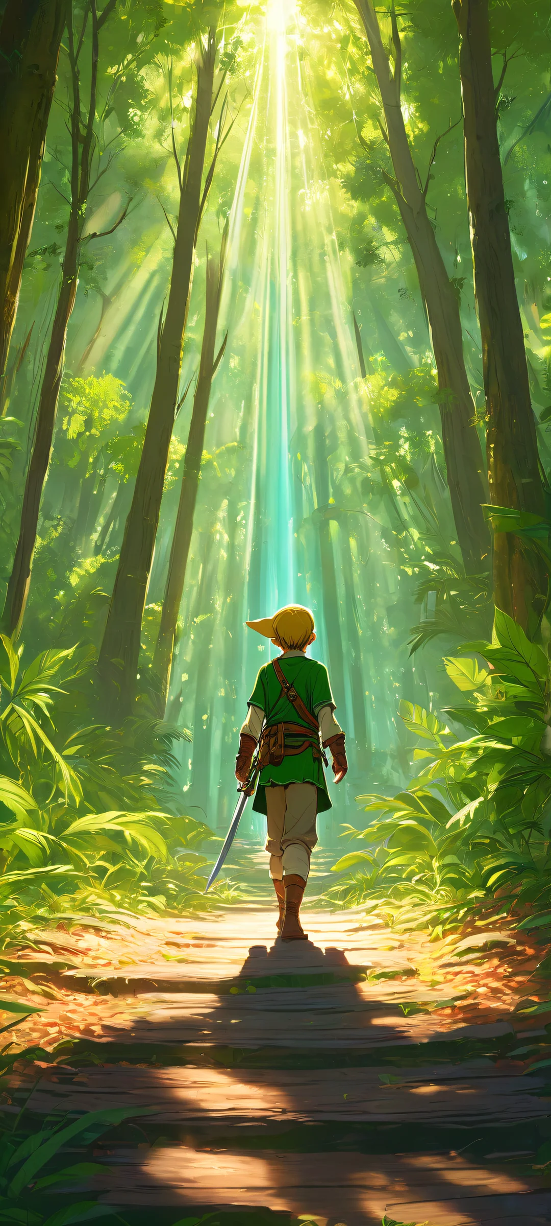 iPhone/Android wallpaper of Link in Tingle's rupee exchange, with mysterious green light shafts and intricate details.