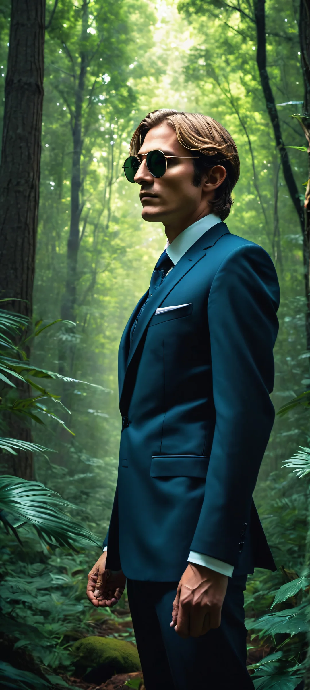 iPhone/Android user, get ready to be amazed by this stunning vertical portrait artwork of Link set against the mystical atmosphere of the Lost Woods. Skull Kids peek from behind trees as you gaze upon Link's stylish sunglasses and suit.