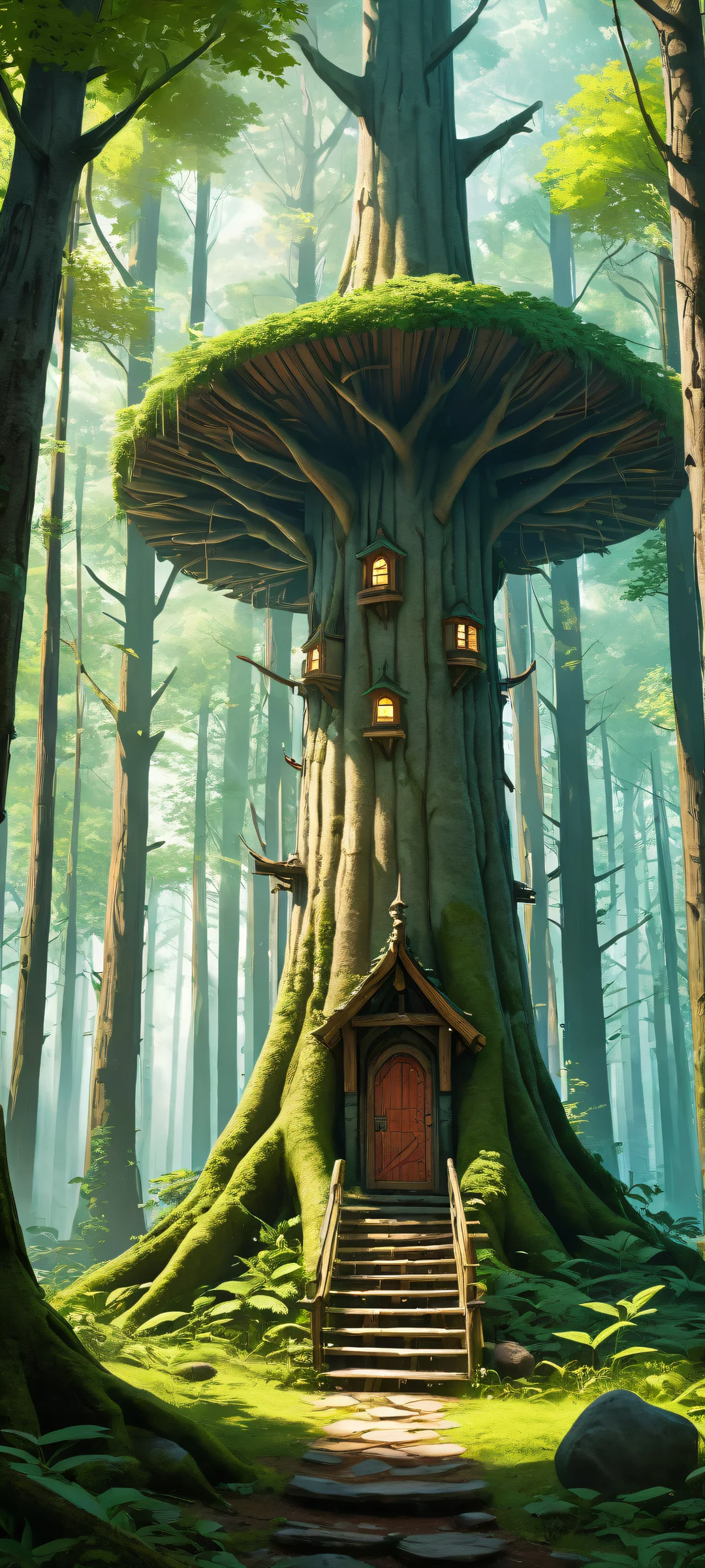 A breathtaking vertical portrait artwork of Link stands at a sketchy-looking wooden kiosk in the Lost Woods, iPhone/Android