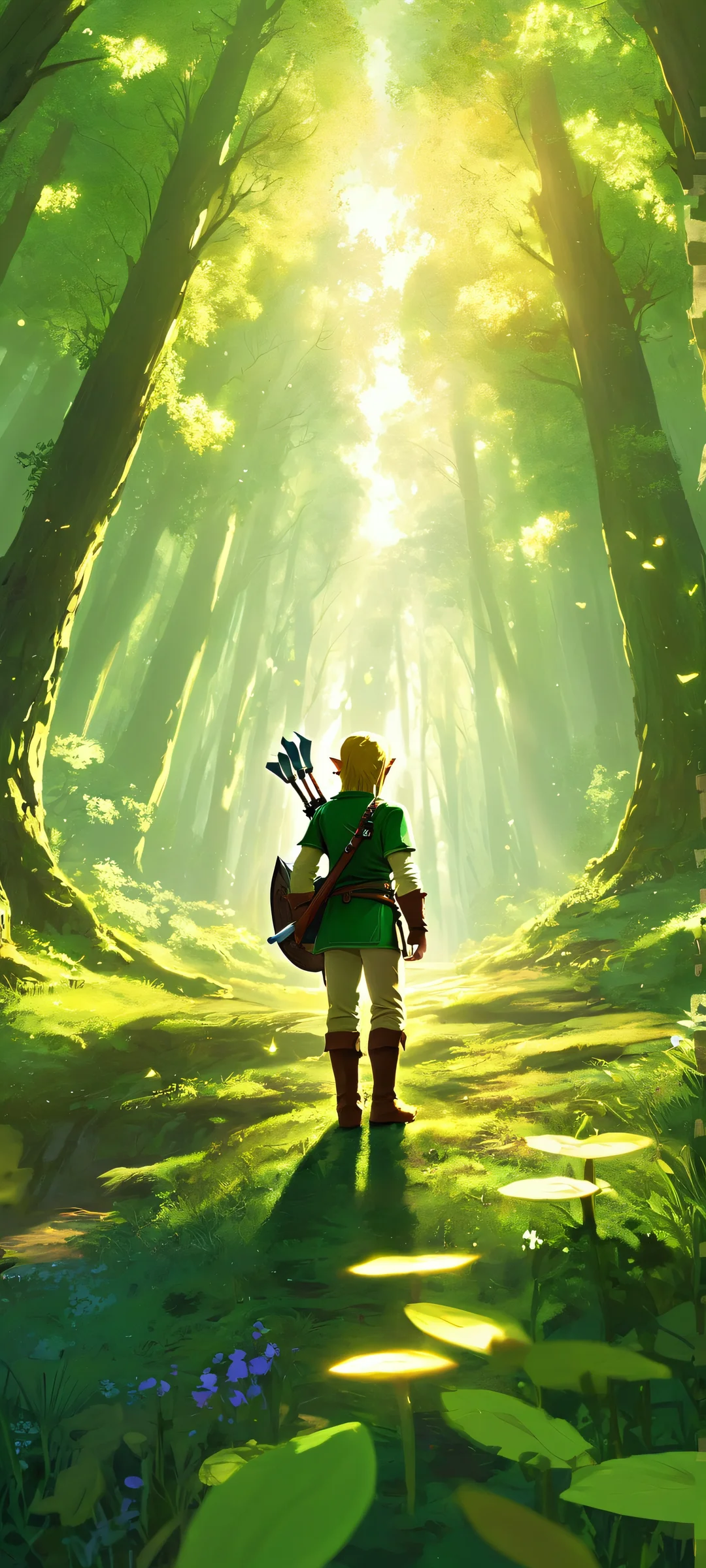 A whimsical depiction of Link amidst a forest bathed in ethereal light, perfect for iPhone and Android home screens.