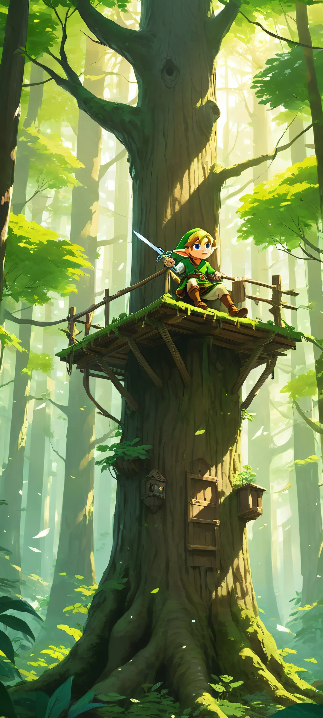 iPhone and Android users will be enchanted by this breathtaking digital art featuring Link negotiating with Tingle amidst a lush forest canopy, complete with Skull Kids peeking from behind trees. Perfect for mobile home screens.