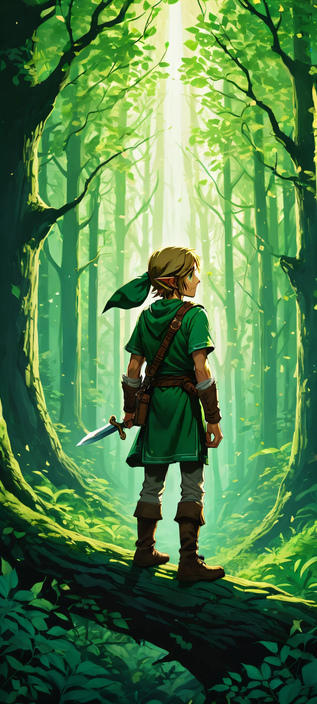 Link's Whimsical Realm QHD Phone Background iPhone/Android exclusive artwork featuring Link from the Legend of Zelda series, surrounded by Skull Kids in a mystical forest scene with perfect contrast and detail.