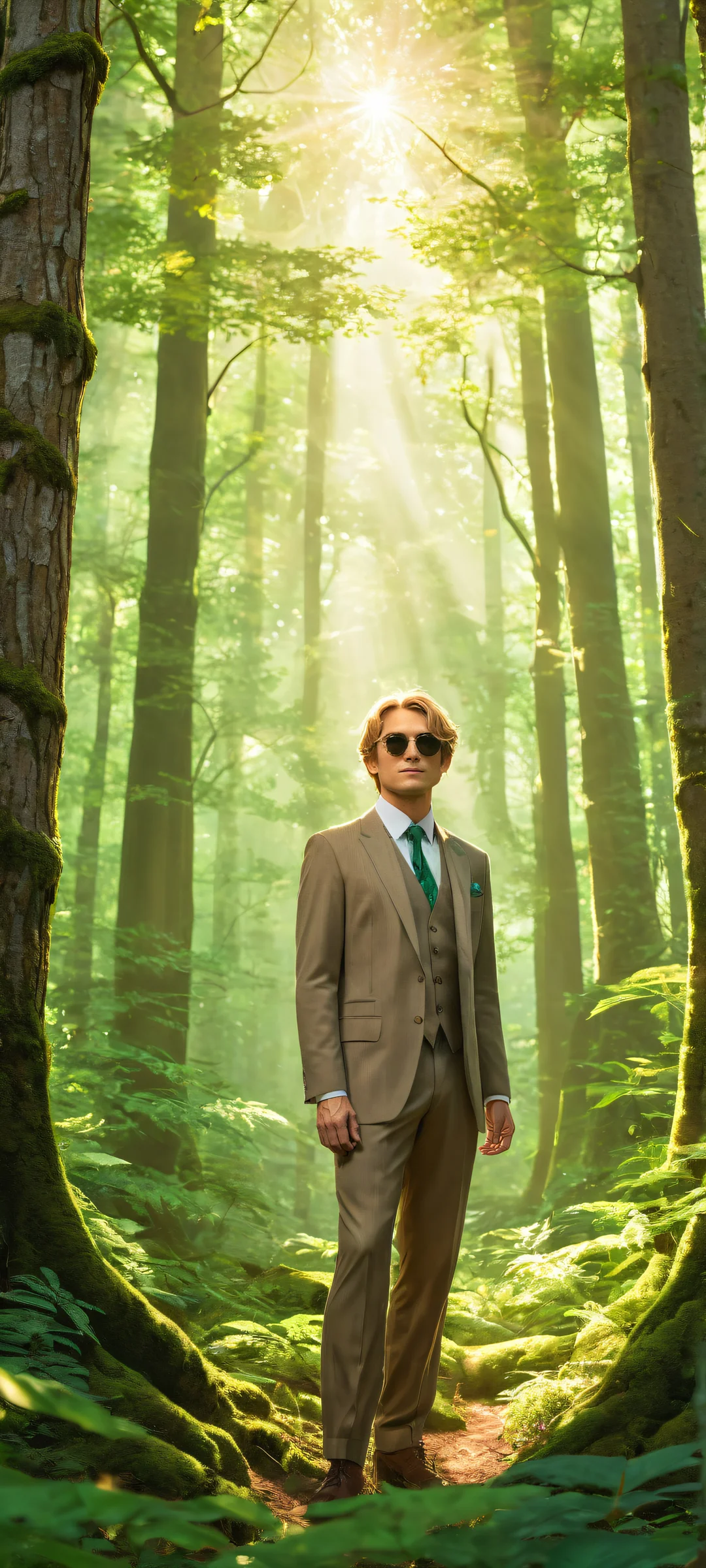 Link's Whispering Woods 2K Phone Wallpaper iPhone/Android stunning vertical portrait of Link wearing sunglasses and pinstripe suit amidst Skull Kids peeking from trees, with a vast void for UI widgets and mystical green light beams.
