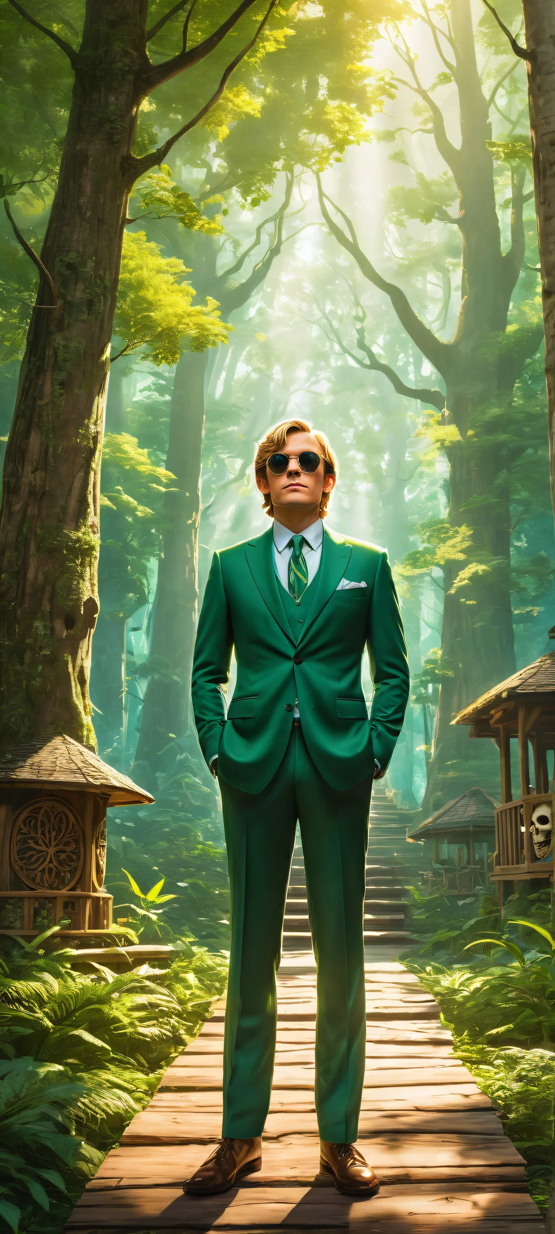 iPhone/Android user with Link standing proudly in the woods, surrounded by Skull Kids and mystical green light shafts.