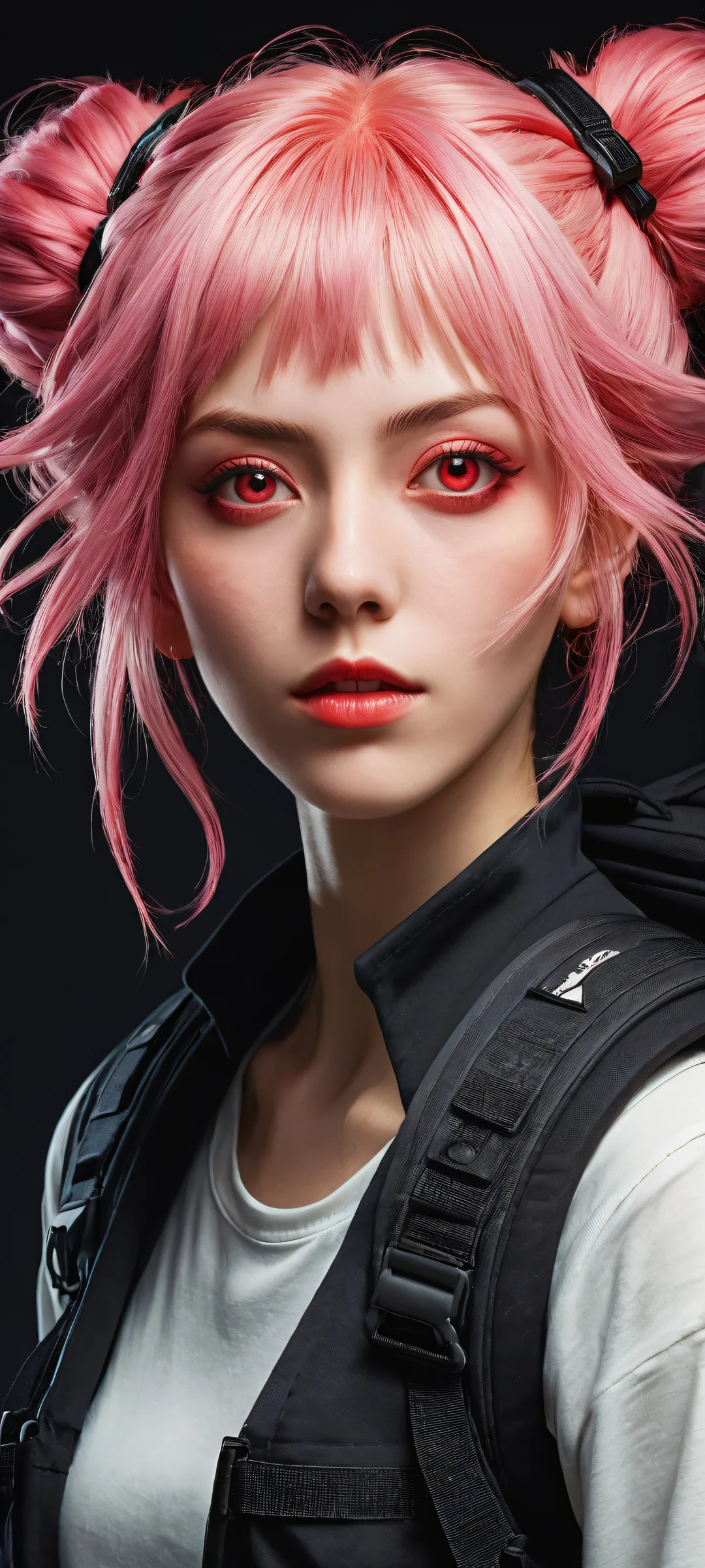 iPhone and Android wallpaper featuring Linnea from Genshin Impact, surrounded by a void background and showcasing intricate pink hair and red eyes.