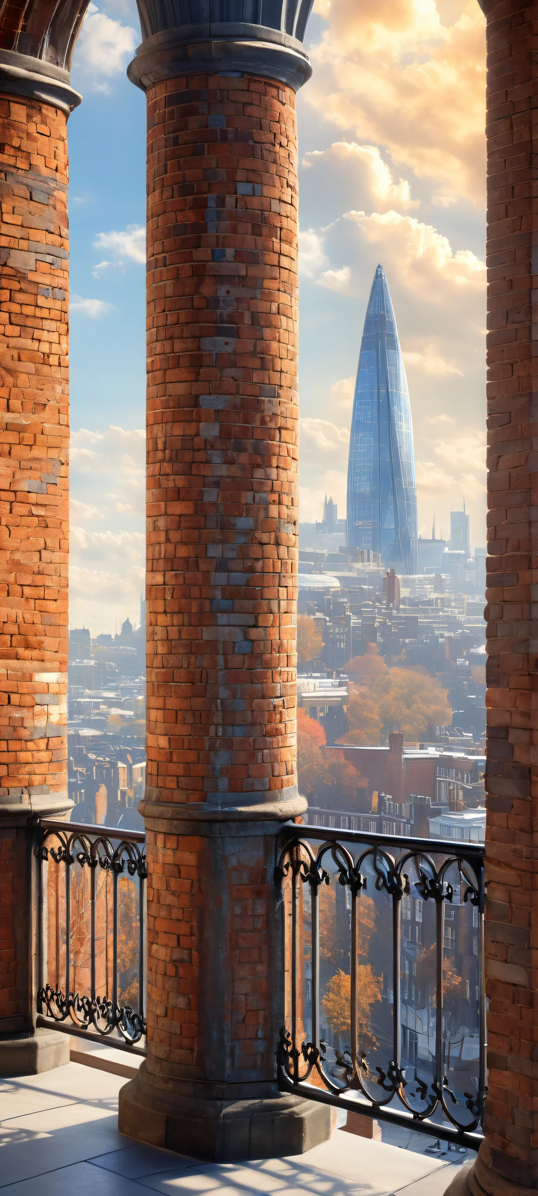 A majestic building pillar on a serene London skyline, perfectly optimized for iPhone and Android home screens.
