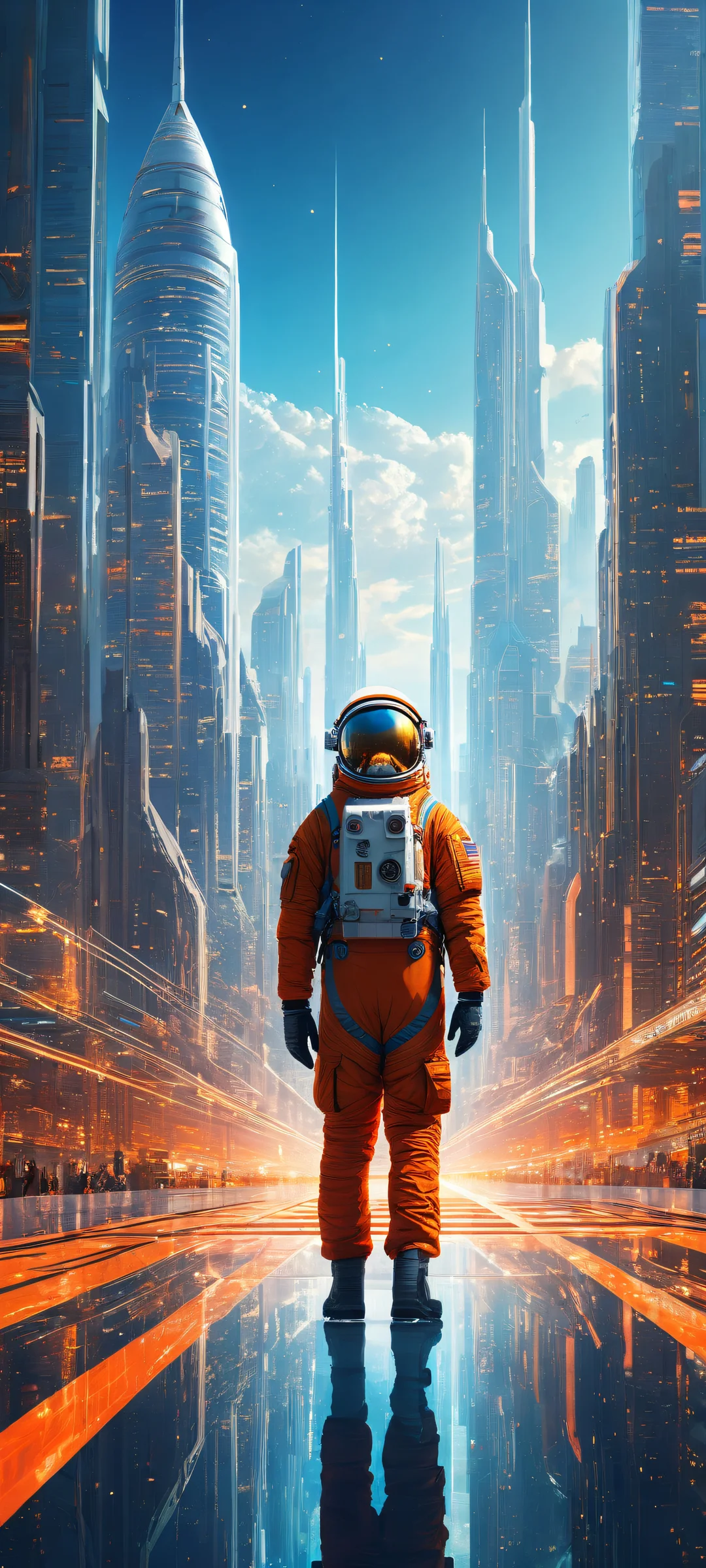 A lone astronaut stands out against the vibrant cityscape of a futuristic metropolis, perfeito para telas iniciais de iPhone/Android.