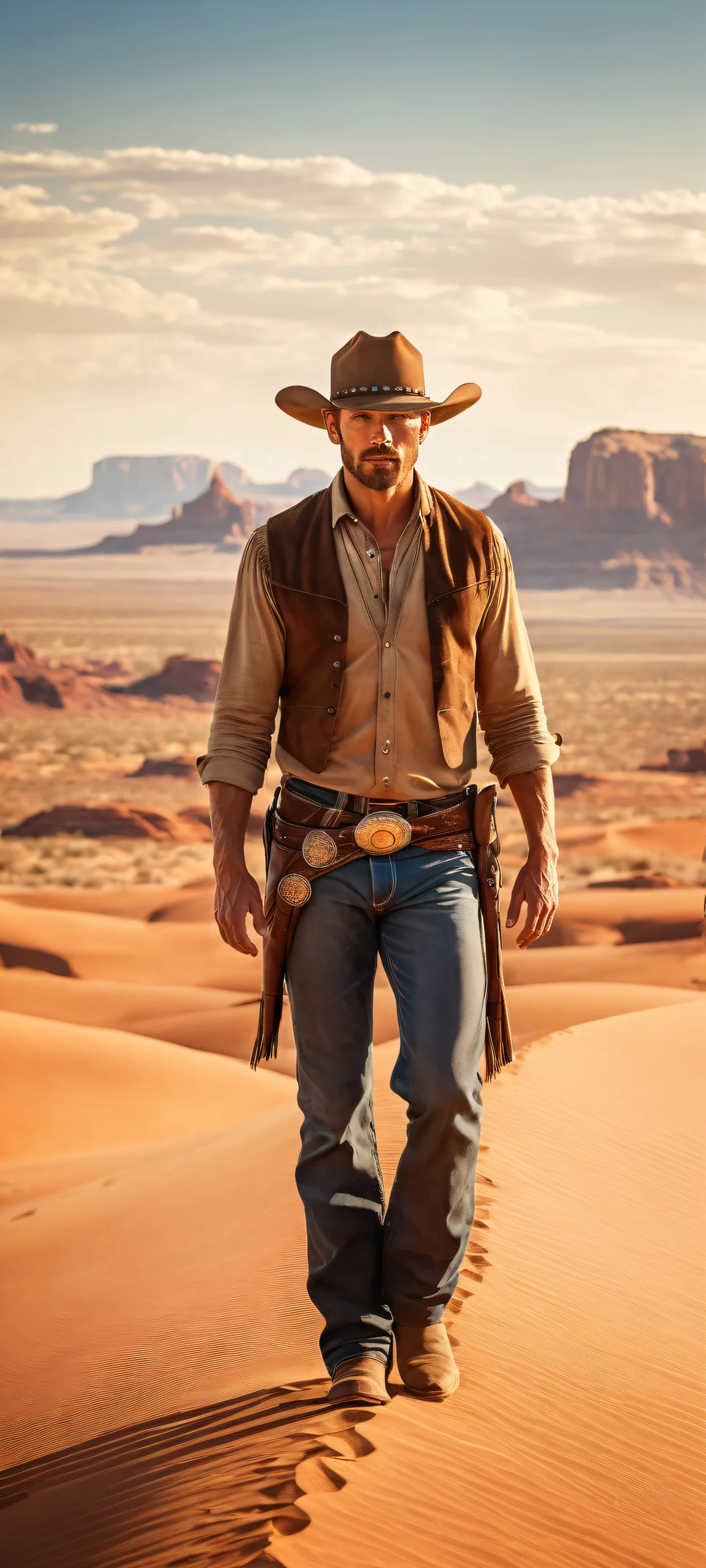 A lone cowboy stands proud on a vast, empty canvas with an iPhone or Android device in the background, inviting you to gaze upon the breathtaking Wild West landscape.