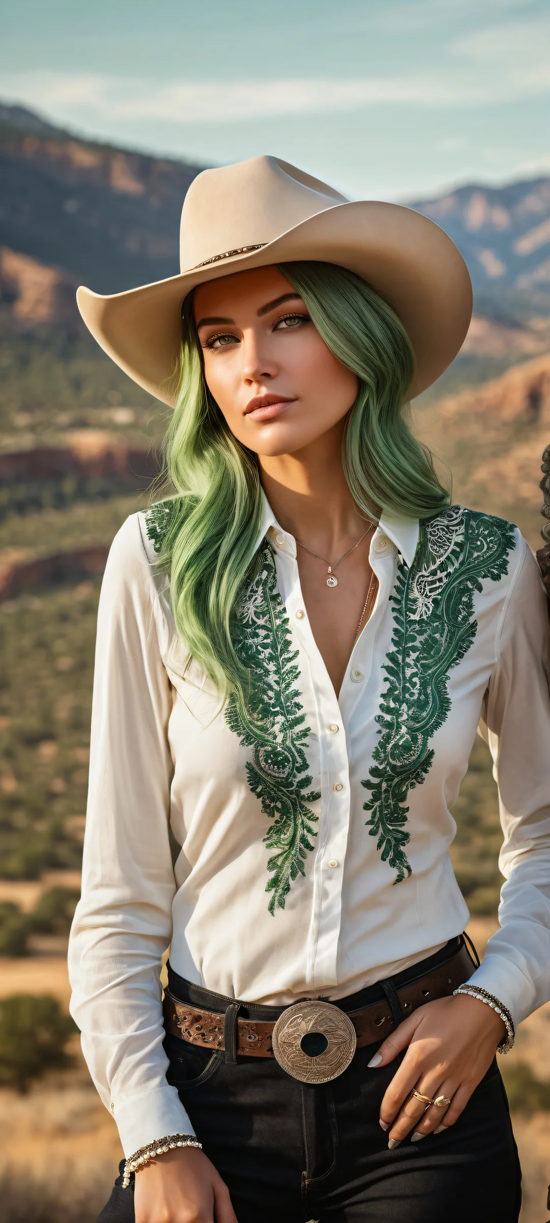 A stunning digital artwork of a lone cowgirl on horseback against a breathtaking sunset landscape. Perfectamente optimizado para iPhone, samsung galaxia, y pantallas de inicio de Android.