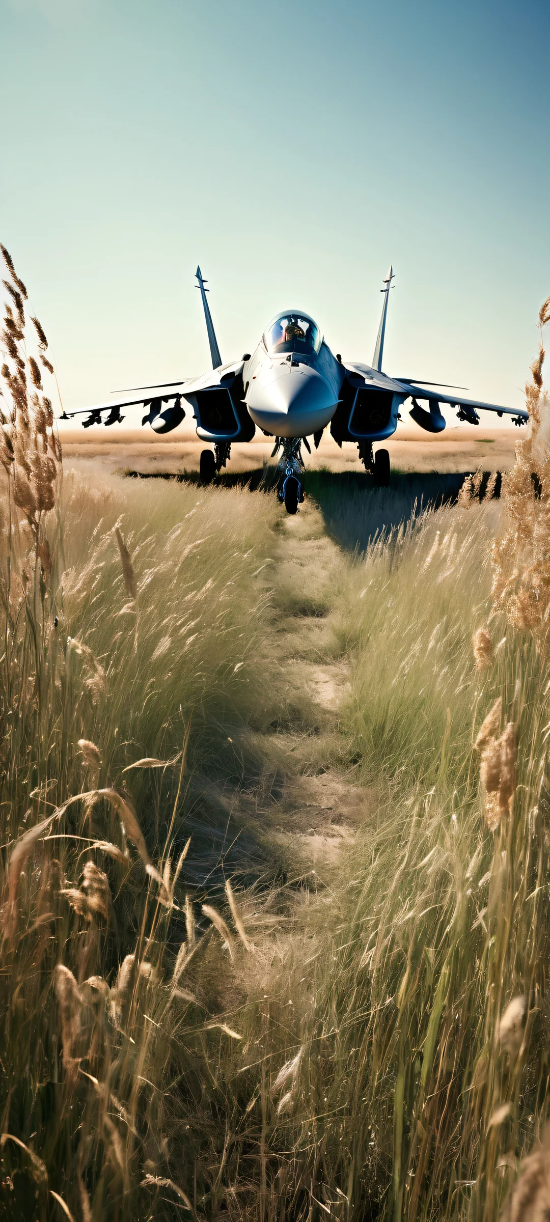 A lone figure with flowing blonde hair stands waist-deep in overgrown wild grasses against the backdrop of an abandoned F-15 Eagle fighter jet. iPhone/Android