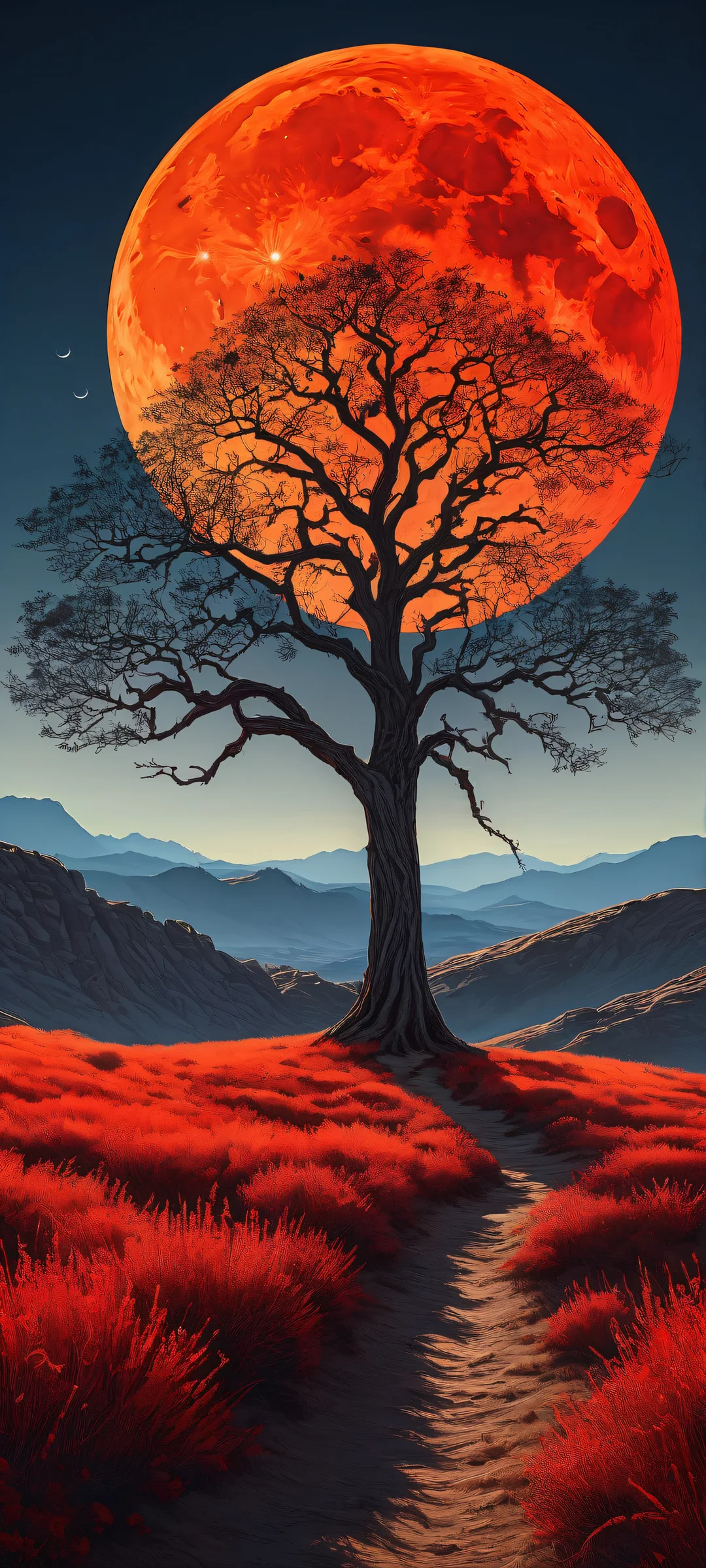 iPhone and Android mobile wallpaper featuring a breathtaking digital art piece of a lone bare tree under a crimson-red moon, perfectly optimized for your home screen.