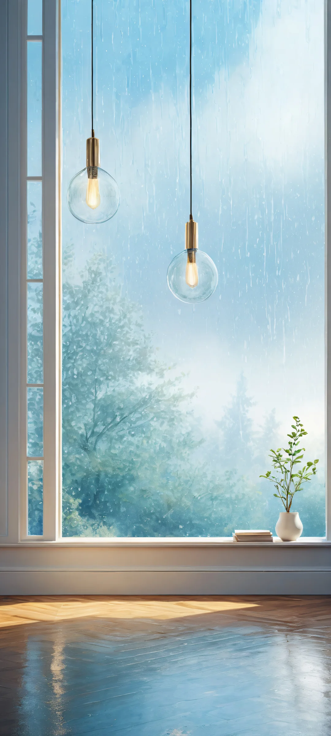 A poignant portrait of Ditto waiting for its trainer in a dimly lit room, with a vast empty space above and a rain-soaked window evoking melancholy. For iPhone and Android home screens.