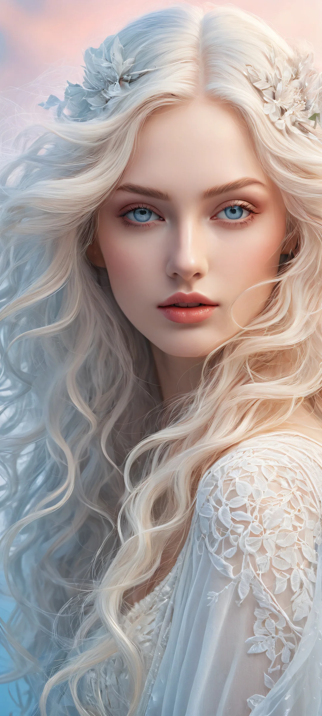 Ethereal portrait of a maiden with long hair and intricate curls on an iPhone/Android device, perfect for home screens