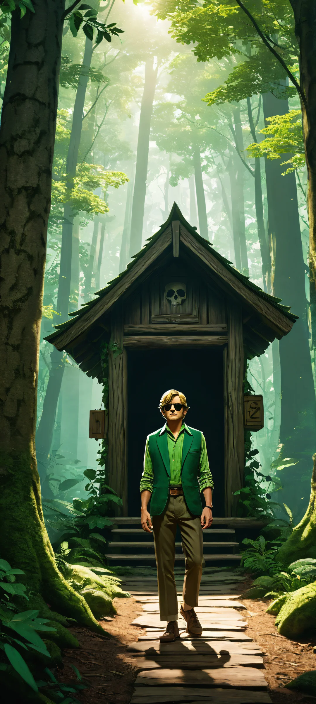 Link stands in front of a wooden kiosk, wearing sunglasses and a pinstripe suit, amidst Skull Kids peeking from behind trees. iPhone/Android.