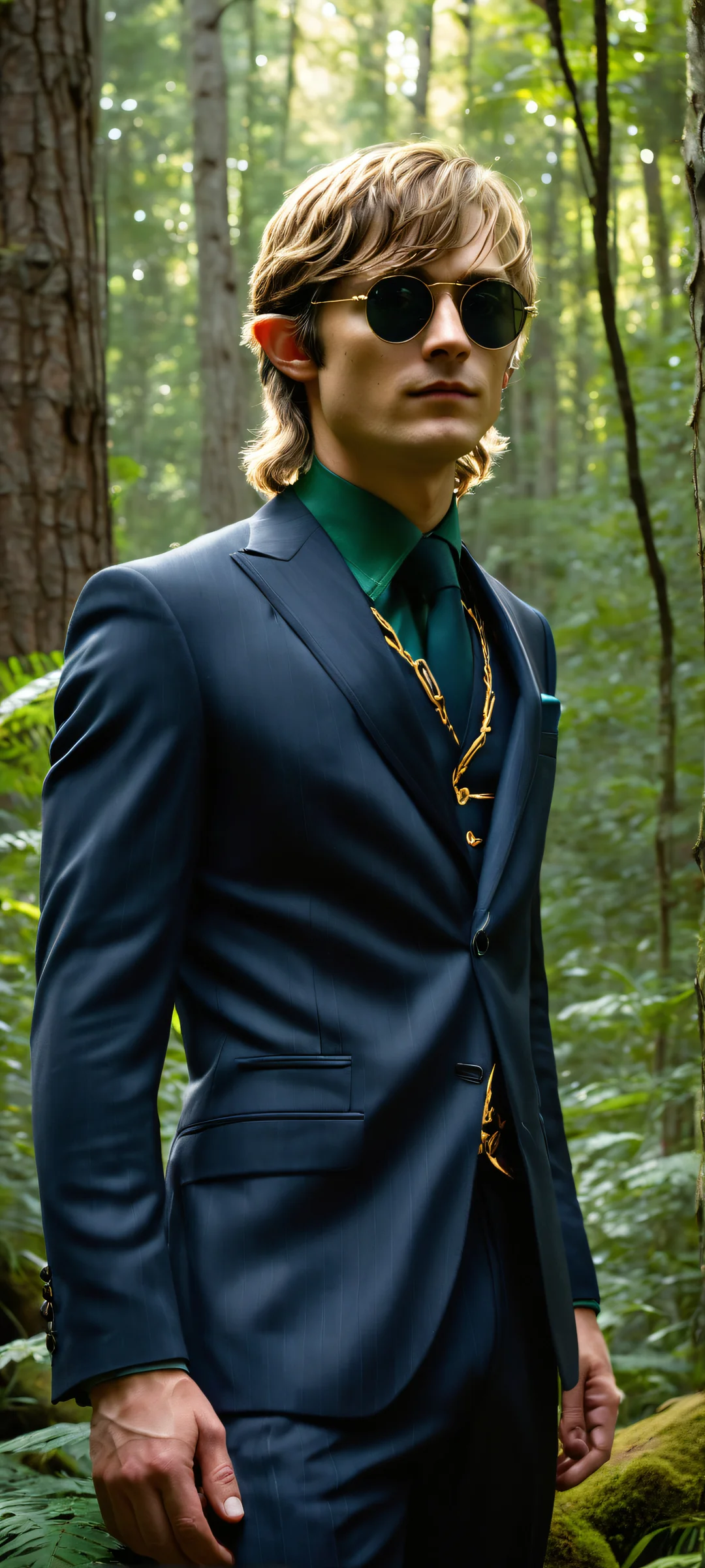 A stunning portrait of Link in his pinstripe suit and sunglasses against the mysterious Lost Woods landscape, perfectly optimized for iPhone, Samsung Galaxy, and Android home screens.
