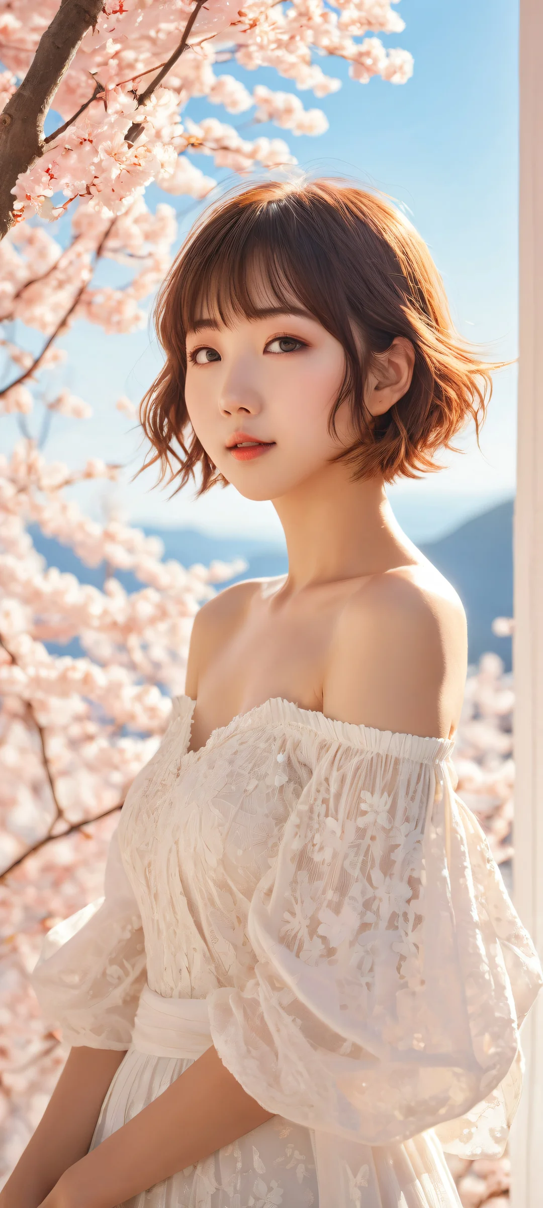 Radiant Kuriyama Mirai portrait on iPhone/Android featuring serene anime-inspired background with Kanbara Akihito in the distance.