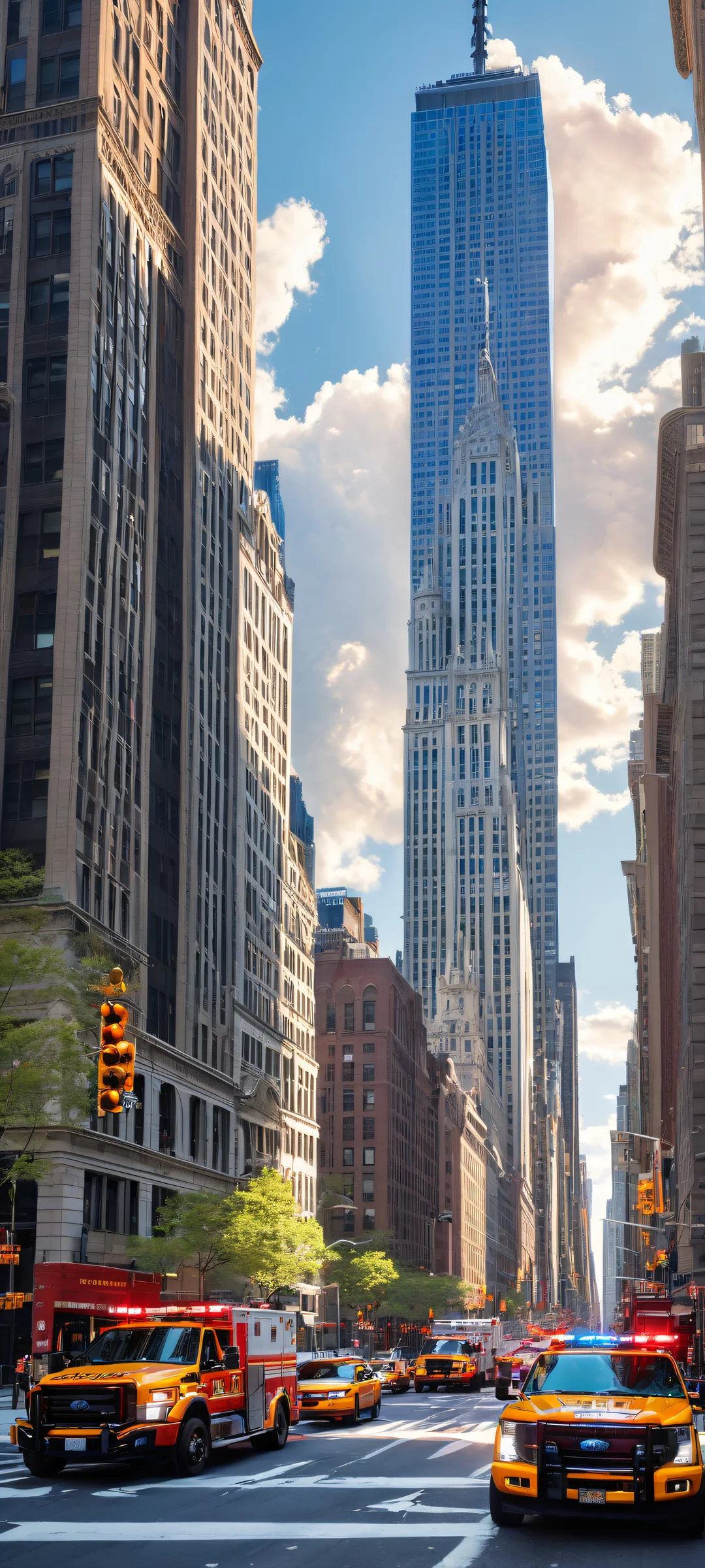 iPhone/Android wallpaper featuring a stunning vertical portrait of Firehouse in Lower Manhattan, with NYPD vehicles and equipment, cityscape, and iconic landmarks.