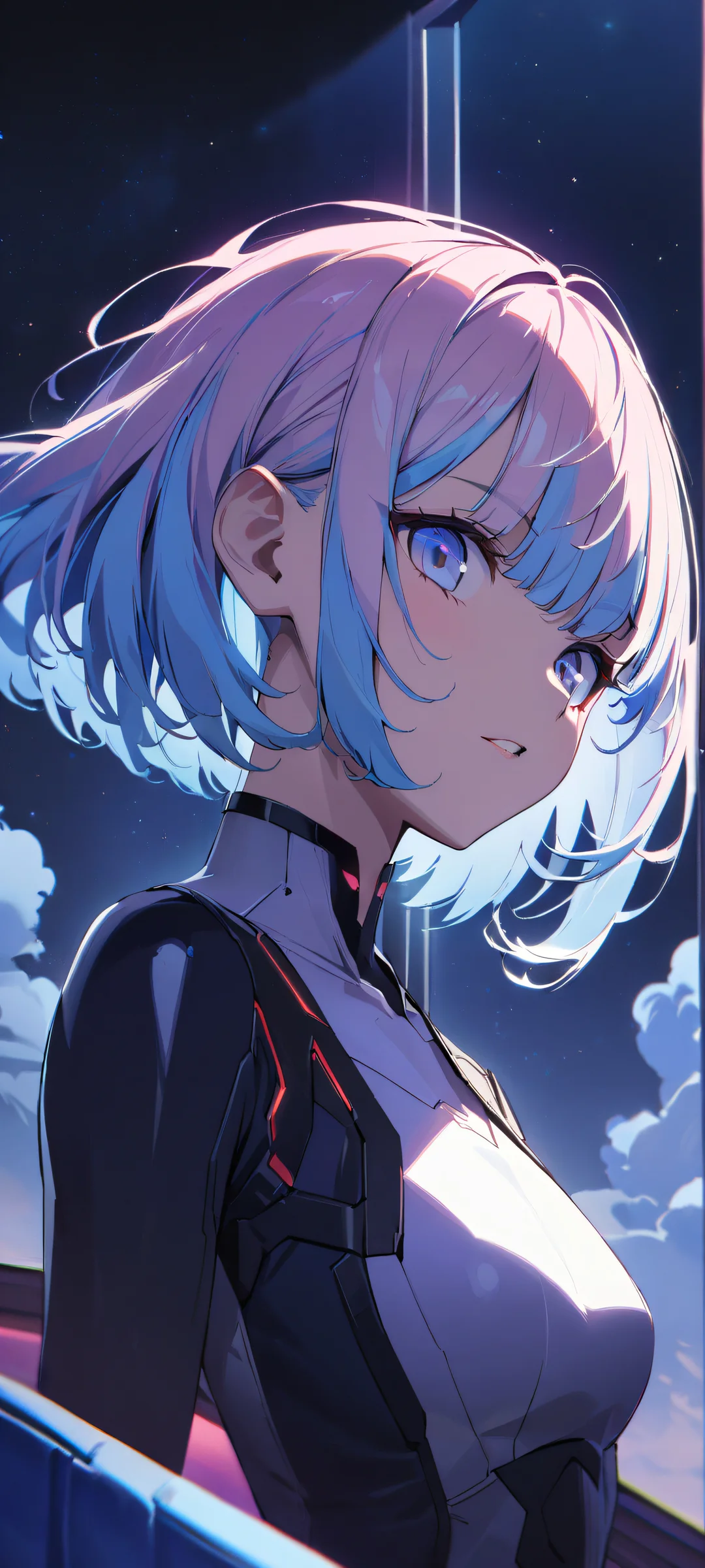 A stunning portrait of Lucy from Cyberpunk Edgerunners, looking directly at the viewer with a sense of wonder on her face, iPhone と Android のホーム画面に完全に最適化.