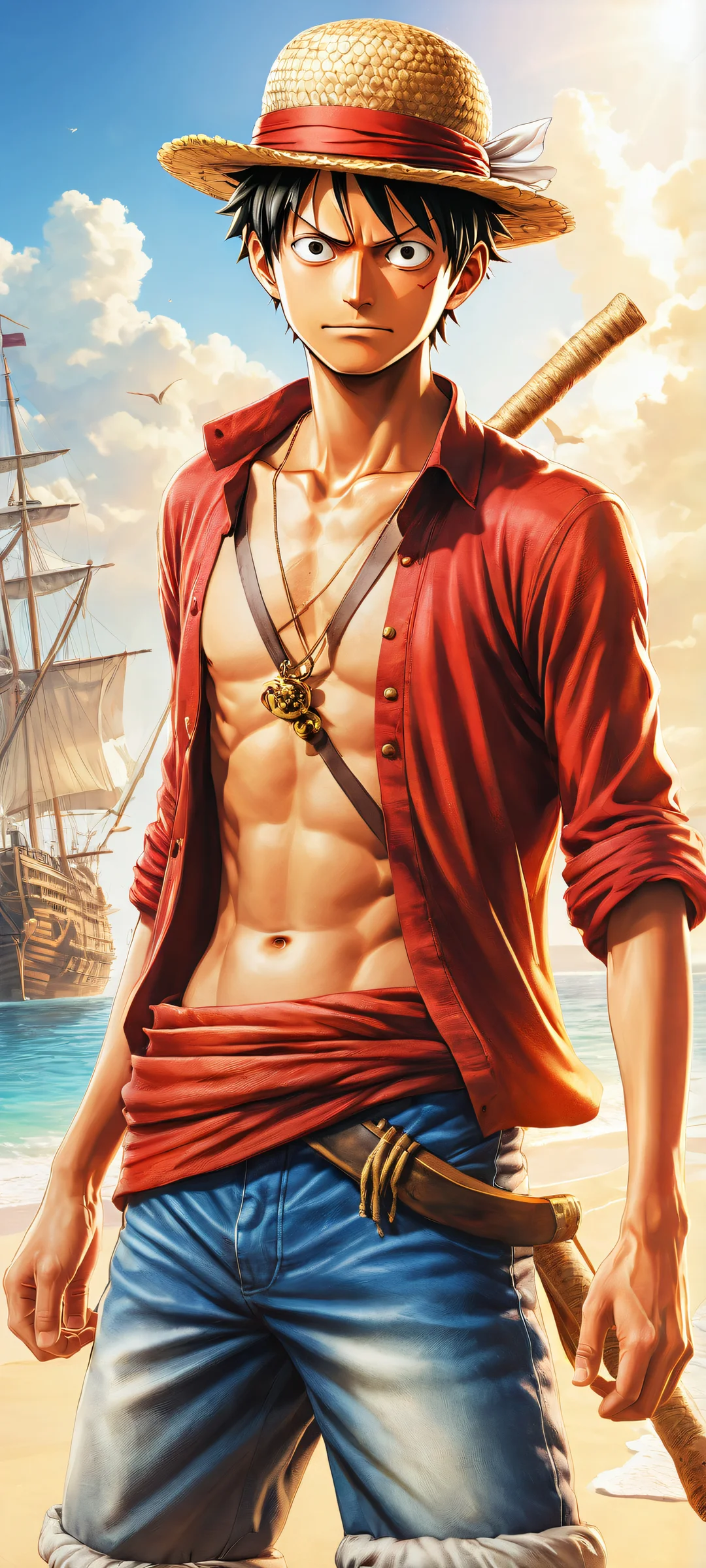 Monkey D. Luffy sitting on a void horizon with intricate details of his straw hat and pirate gear, perfectly optimized for iPhone/Android home screens.