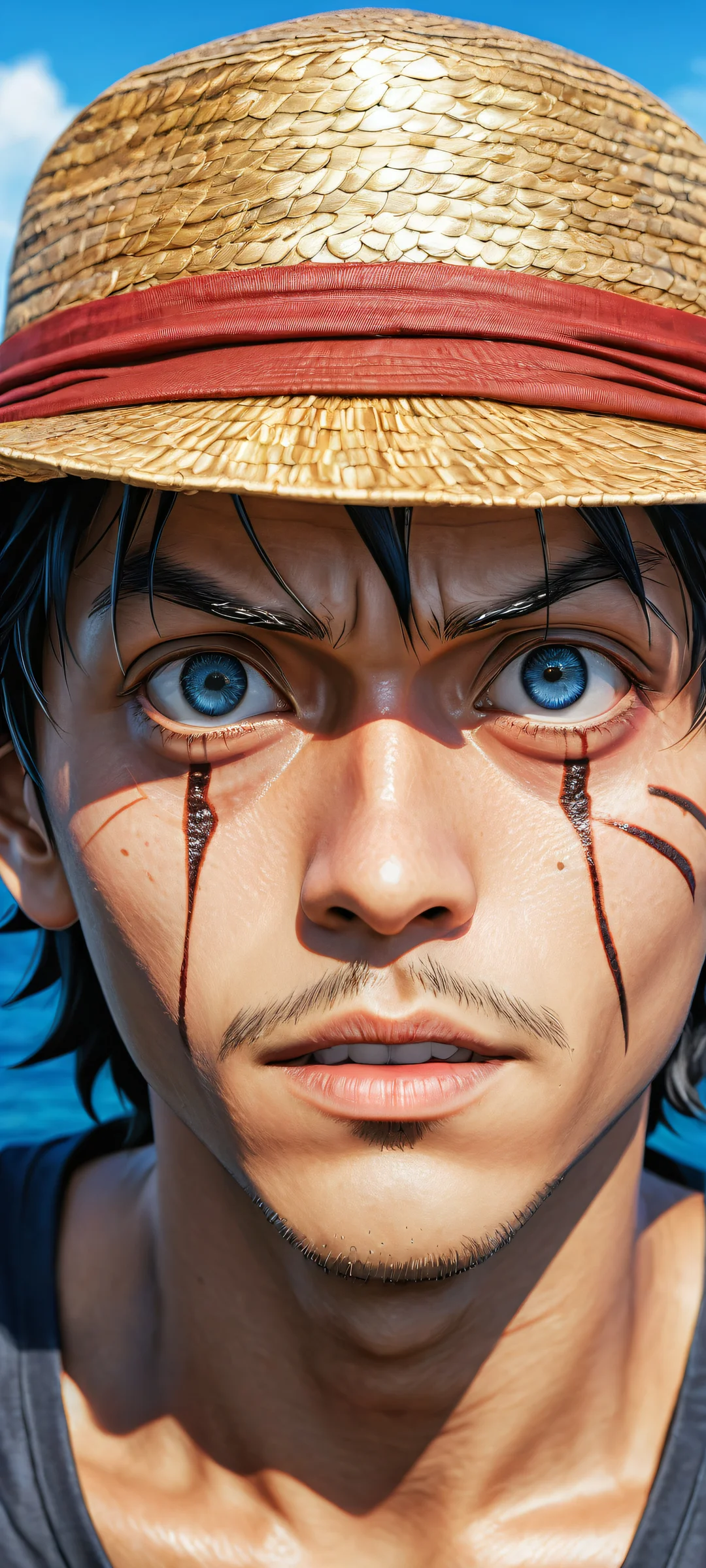 Monkey D. Luffy's portrait on a dark background with iPhone/Android