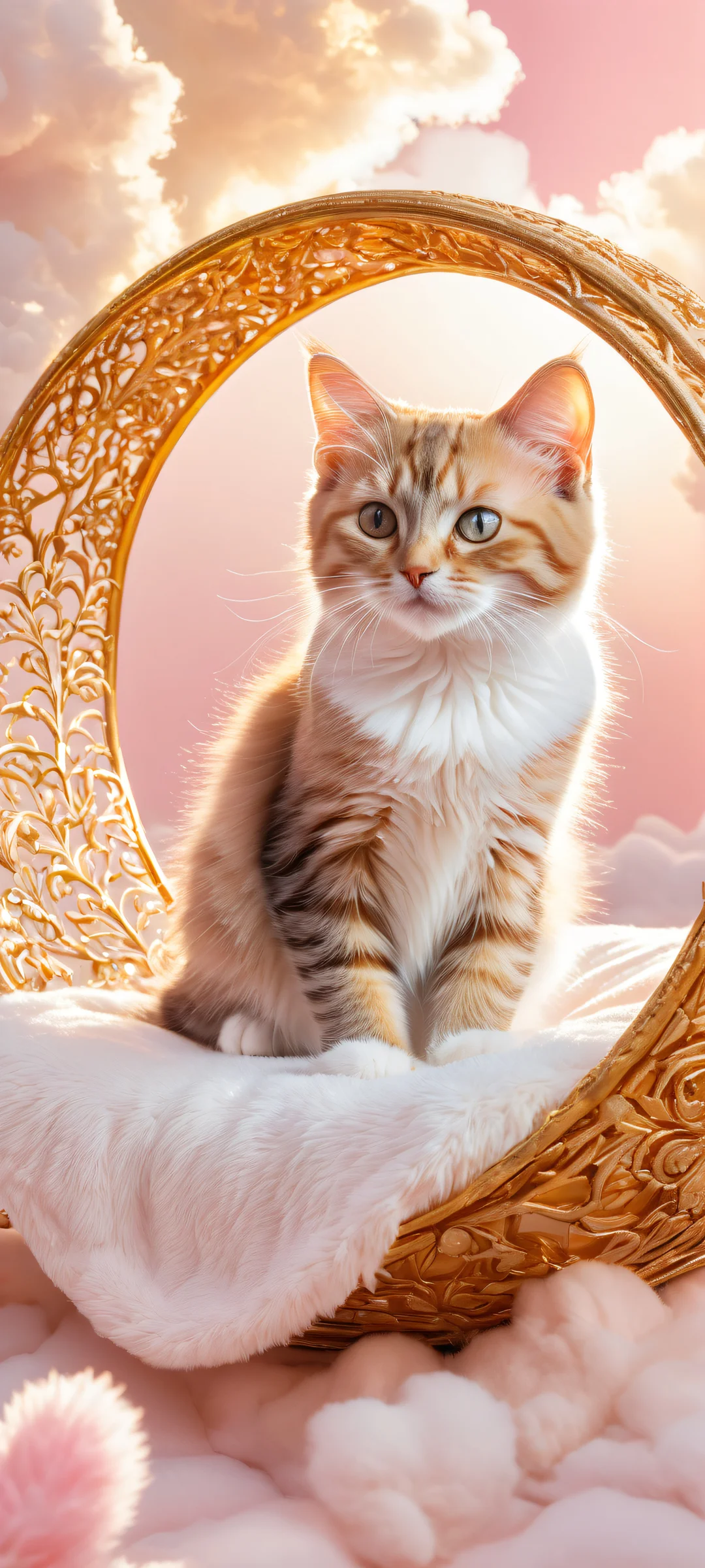 Featureless kitten surrounded by crescent moon-shaped body, ふわふわした雲, and shooting stars on a soft cat bed. iPhone/Androidのホーム画面に完全に最適化.