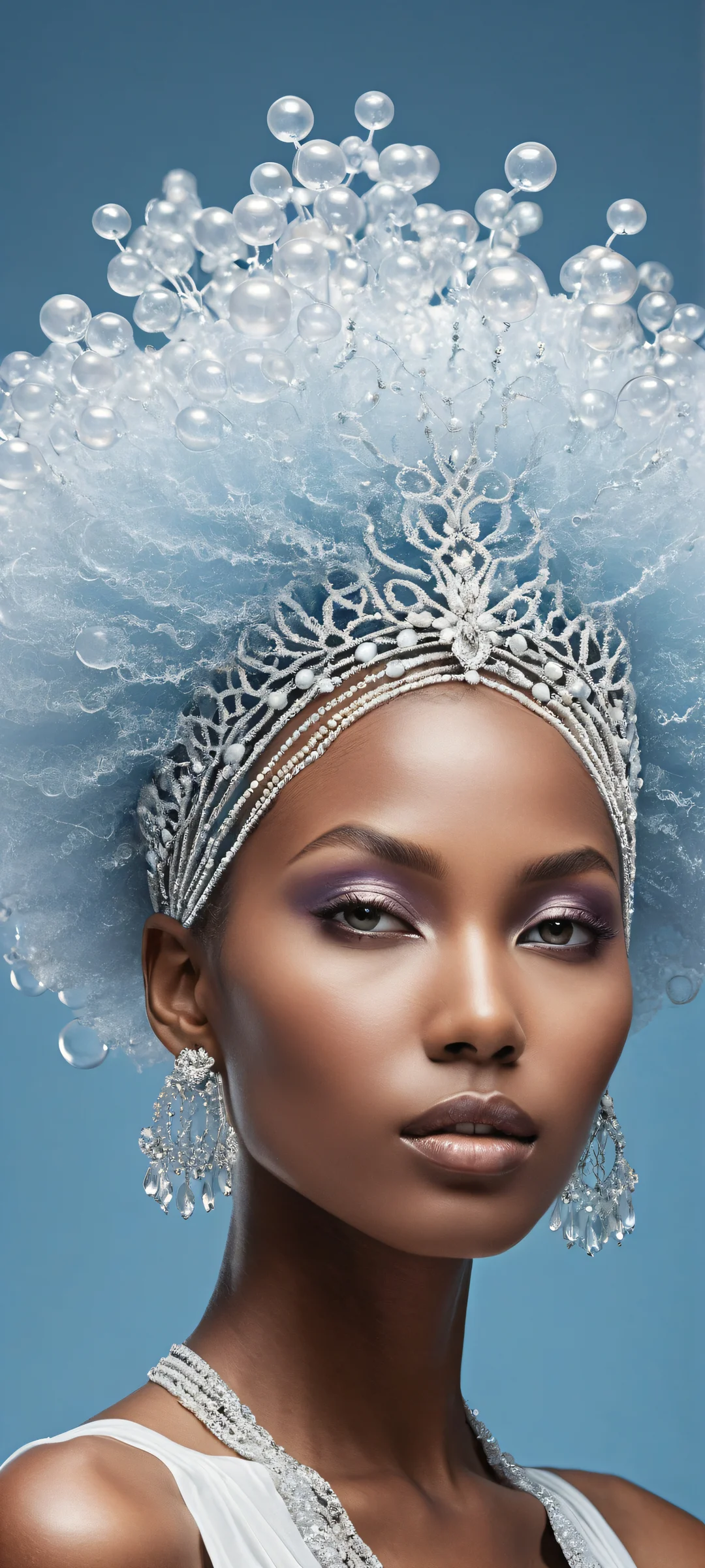 Ethereal figure with intricate liquid bubble headpiece on a stark monochromatic background, iPhone と Android のホーム画面に完全に最適化.