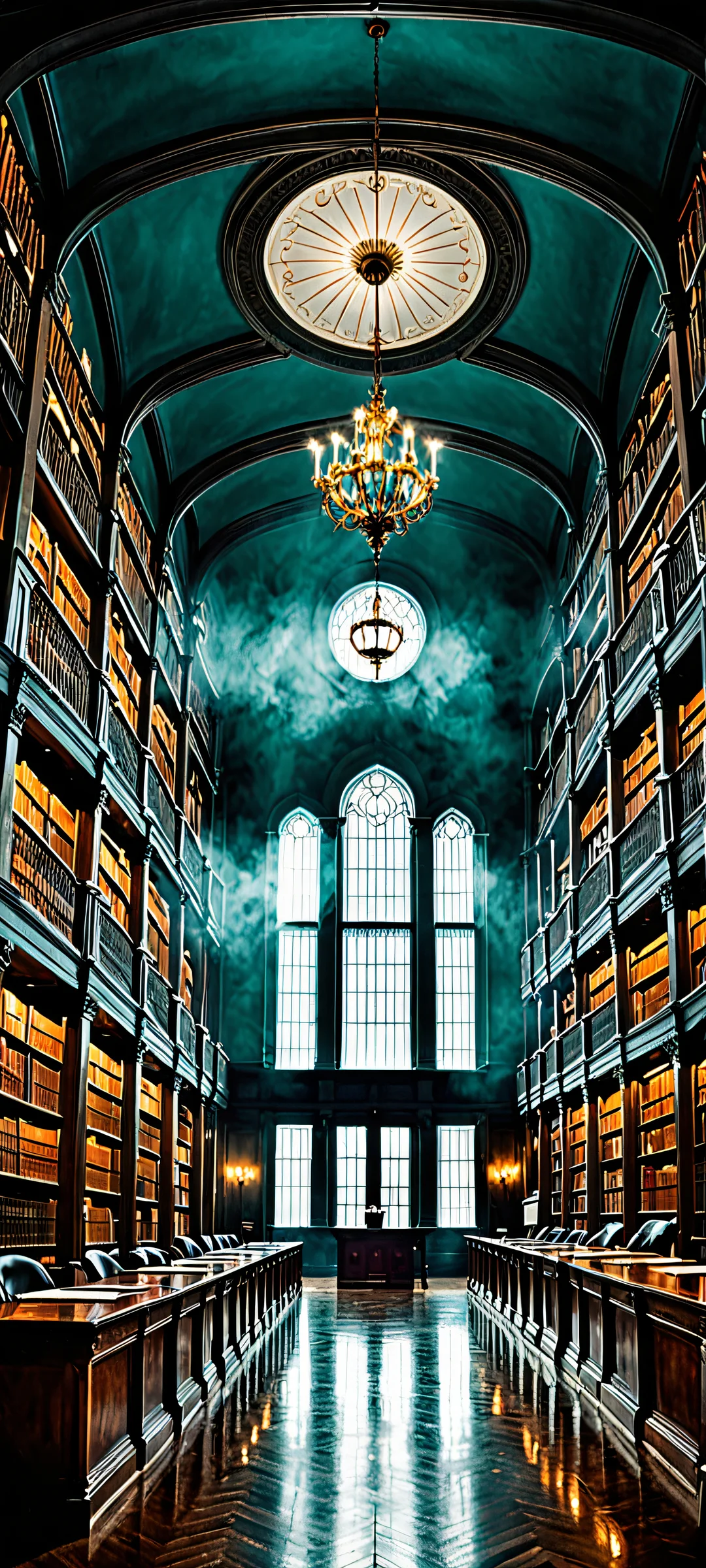 Majestic library interior with dramatic lighting and volumetric fog on an iPhone/Android mobile phone screen.