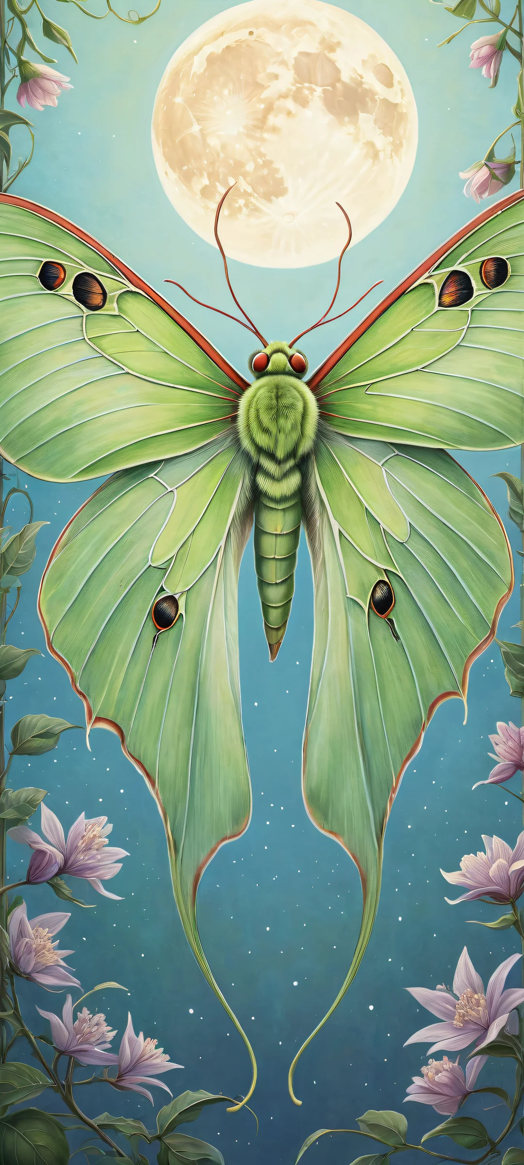 Luna's Serene Evening Aesthetic Phone Wallpaper Whimsical luna moth in a stunning moonlit scene for iPhone/Android wallpapers