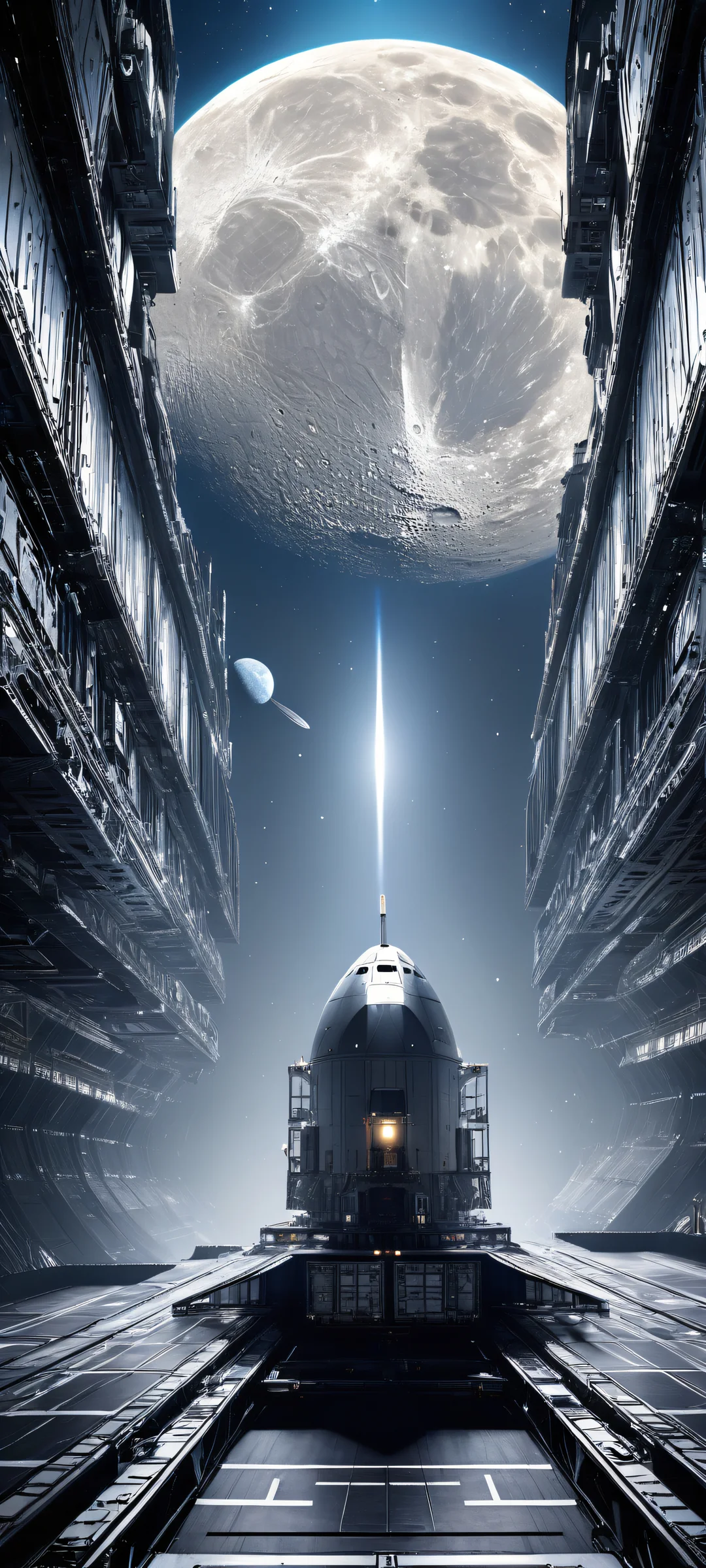 A breathtaking spaceship artwork with cargo crates and industrial components on a vast lunar landscape. Perfect for iPhone/Android home screens.