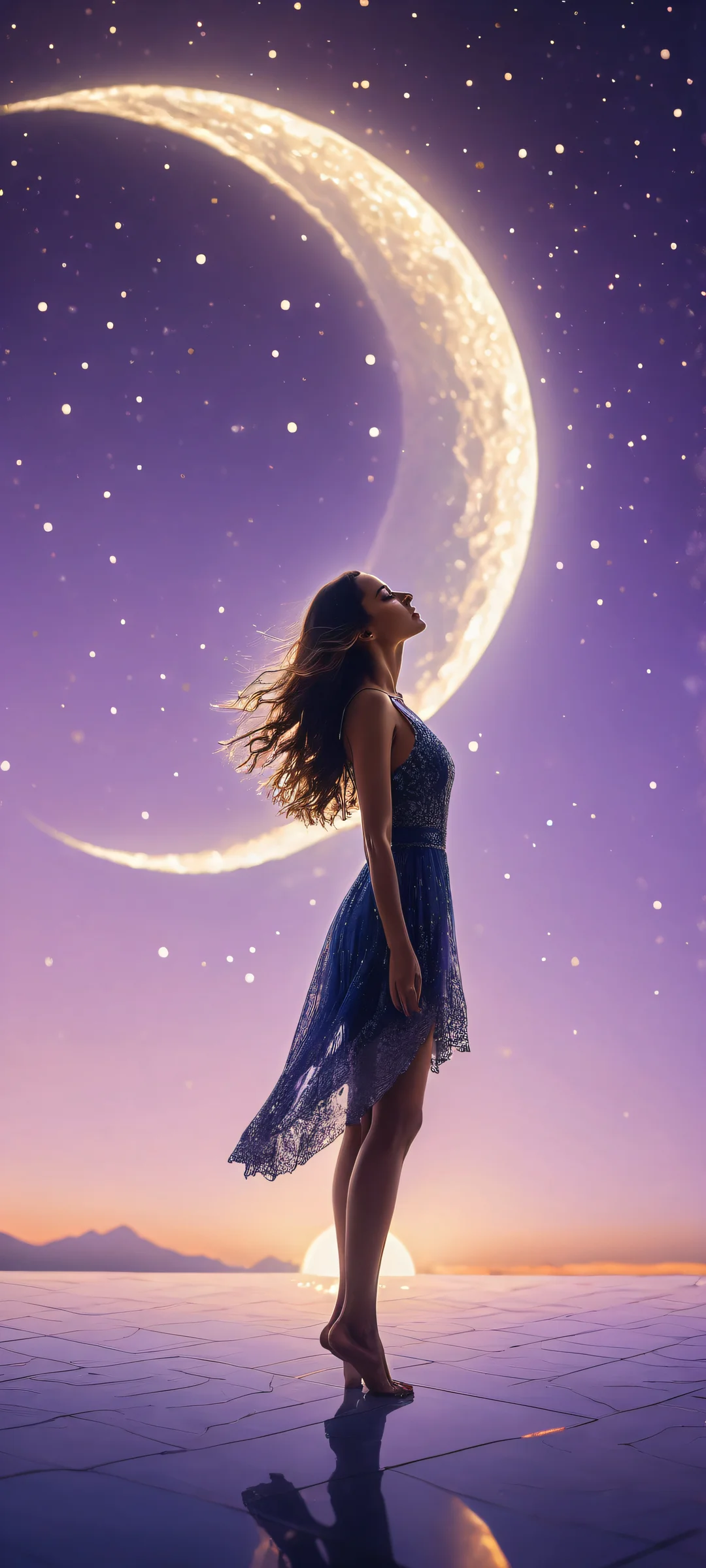 An iPhone/Android user's dream artwork featuring a figure in a void surrounded by the soft glow of the crescent moon, perfectly optimized for your home screen.