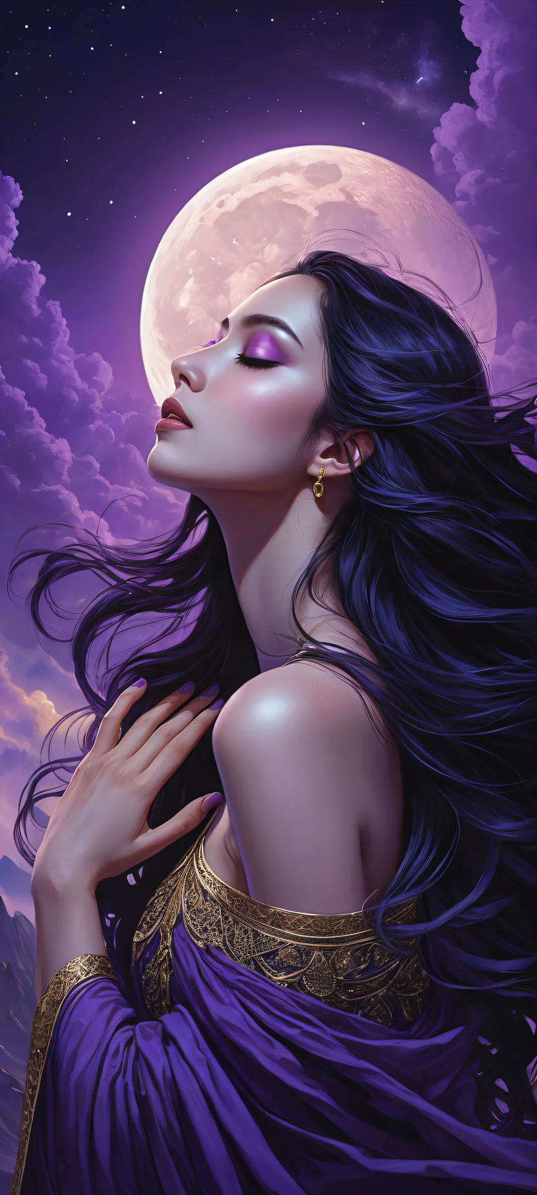 A figure sits on a crescent moon, their hands and fingers showcased in intricate detail. Perfectly optimized for iPhone/Android home screens.