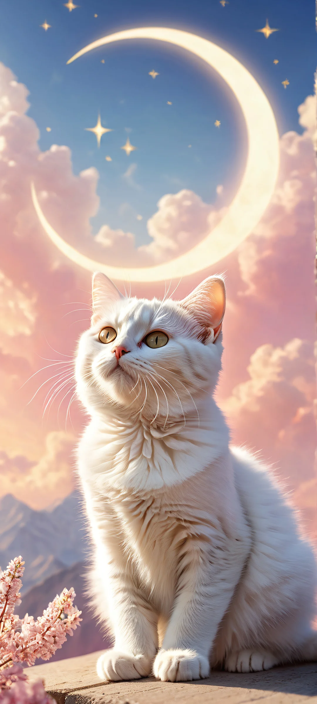 A minimalist kitten surrounded by celestial wonders on an iPhone or Android home screen.