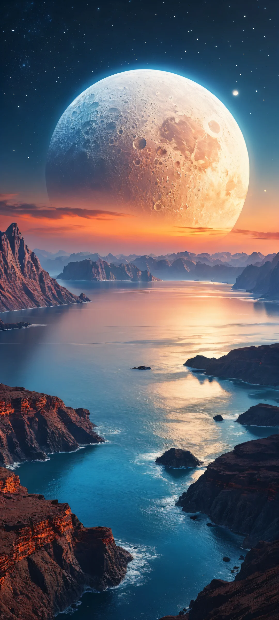 A majestic planet against a breathtaking sky on an iPhone/Android home screen, with micro-details of craters and celestial patterns.