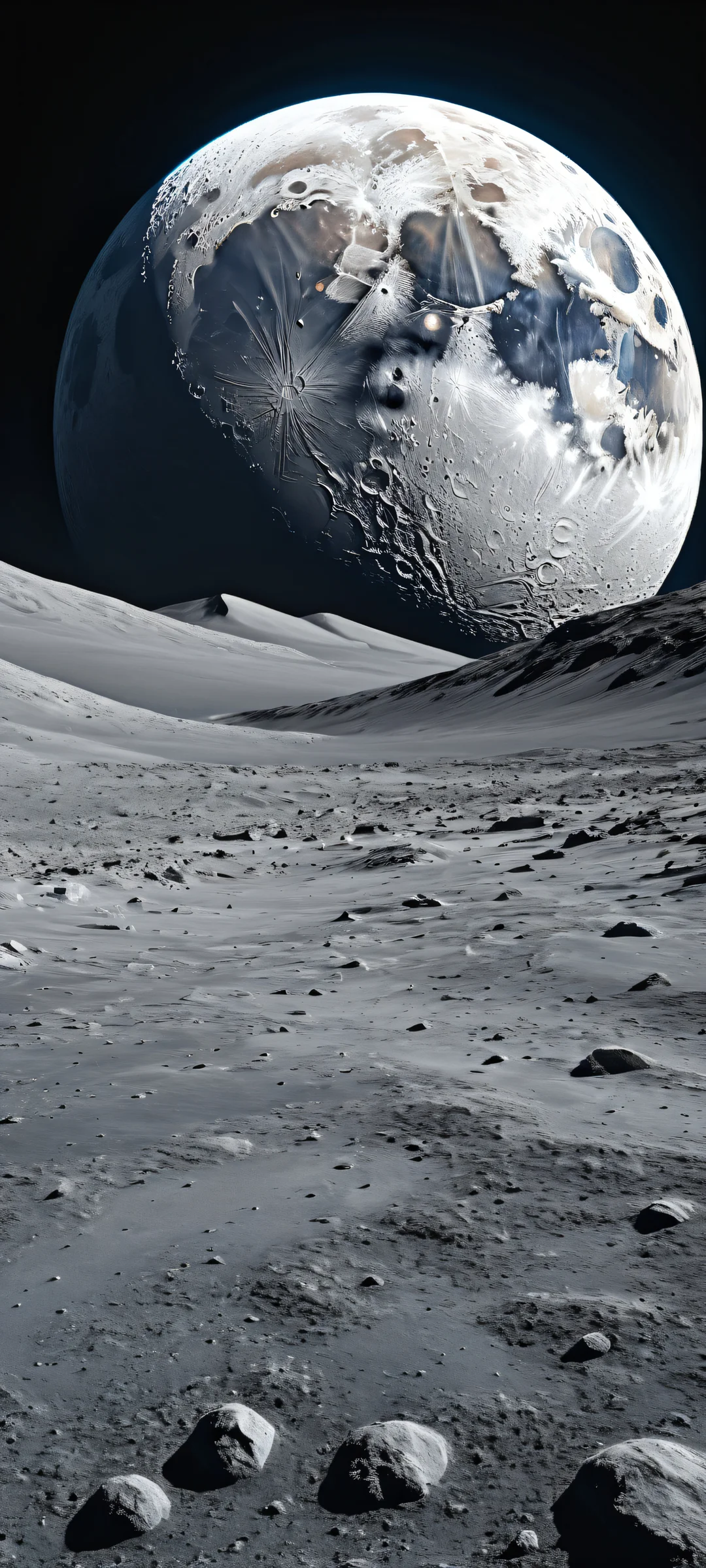A breathtaking vertical portrait of the stunning lunar surface, featuring insane micro-details on iPhone and Android devices.