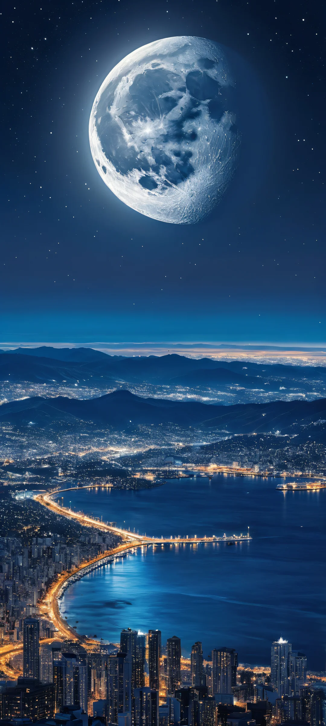 A breathtaking portrait artwork of the Moon, set against a starry night sky with a cityscape at the horizon. Perfectly optimized for iPhone and Android home screens.