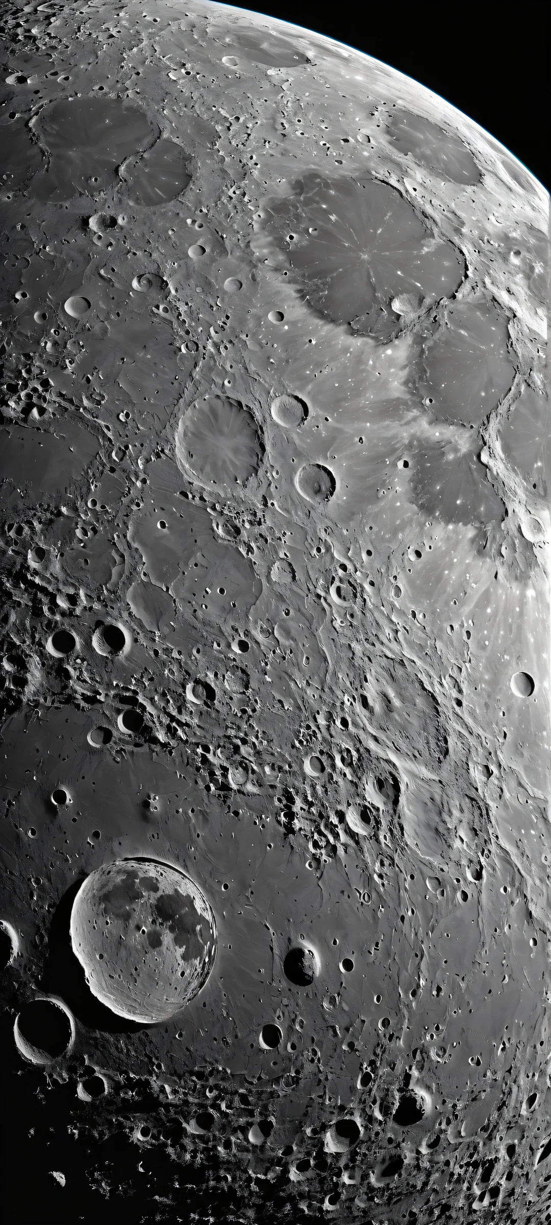 Breathtaking vertical portrait of the majestic Moon on a black background, perfekt optimiert für iPhone/Android-Startbildschirme.