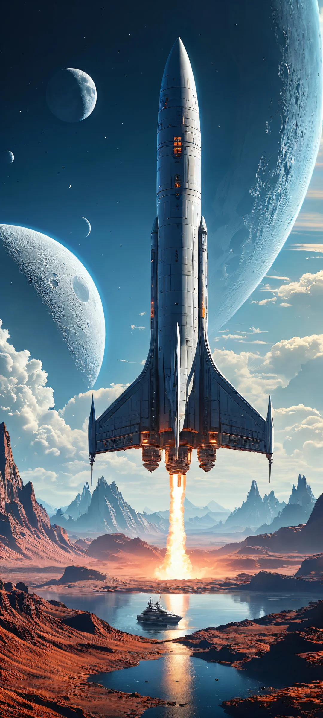 A futuristic lunar landscape with a spaceship landing in the distance, perfectly optimized for iPhone and Android home screens.