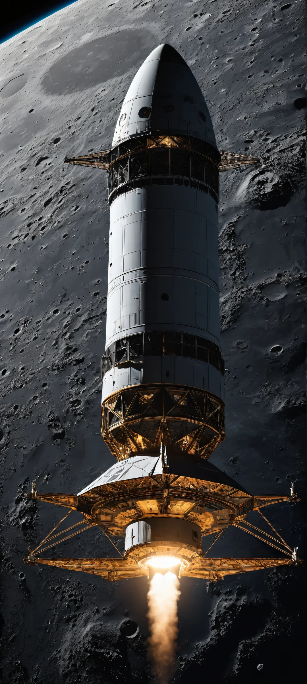 A stunning vertical portrait artwork of a spacecraft in the Artemis II mission, featuring intricate micro-details on lunar surface exploration. Perfekt optimiert für iPhone- und Android-Startbildschirme.